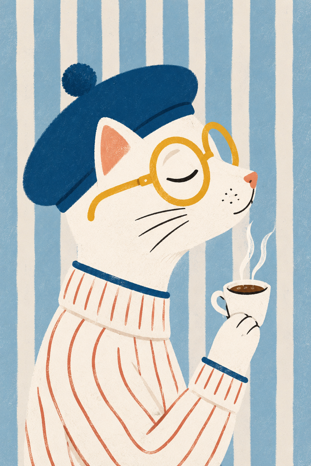 Cozy Café Cat with Coffee — Whimsical Kitchen Animal Poster
