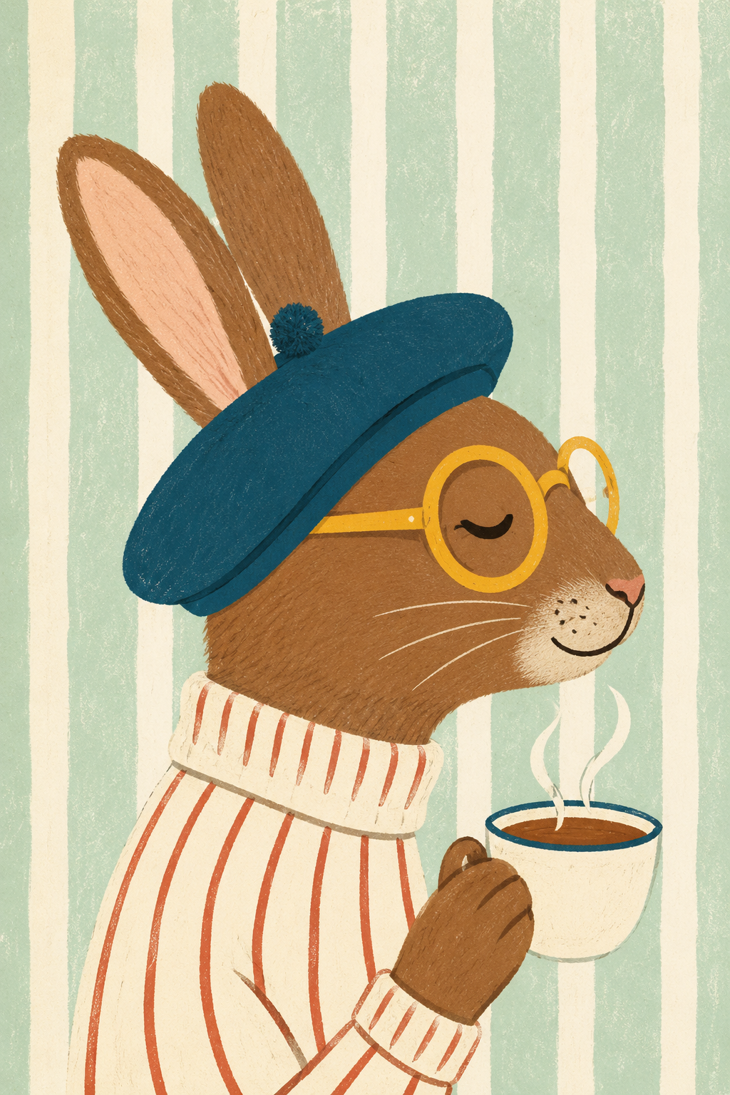 Cozy Café Rabbit with Coffee — Cute Kitchen Animal Poster