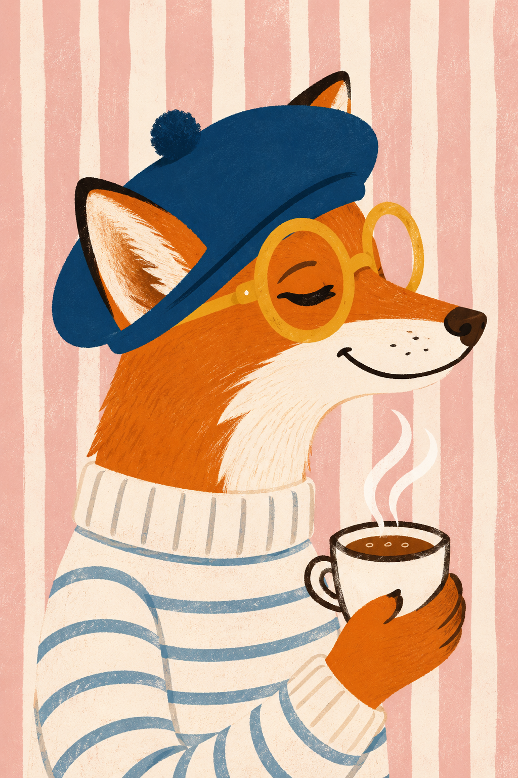 Cozy Café Fox with Coffee — Whimsical Kitchen Wall Art