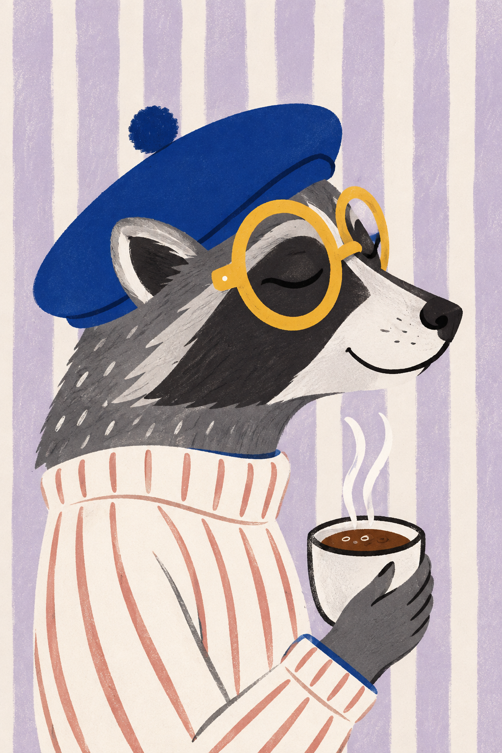 Cozy Café Raccoon with Coffee — Cute Animal Poster