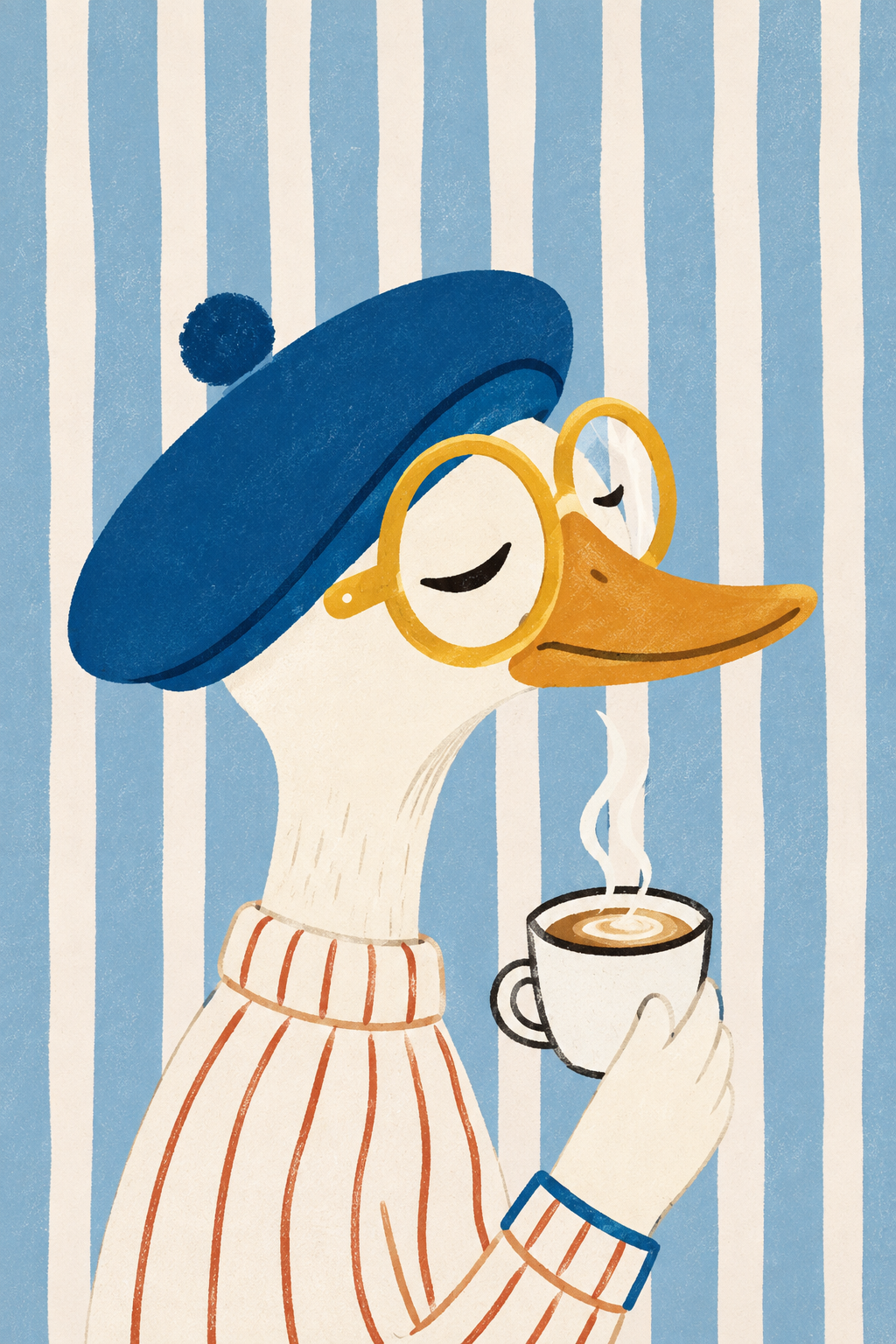 Cozy Café Duck with Coffee — Whimsical Kitchen Poster