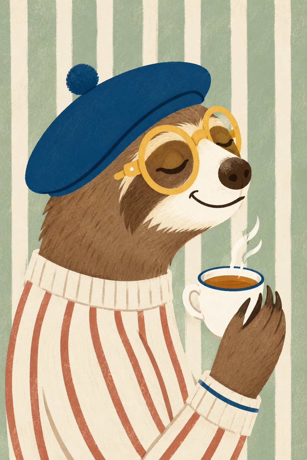 Cozy Café Sloth with Coffee — Cute Coffee Bar Wall Art