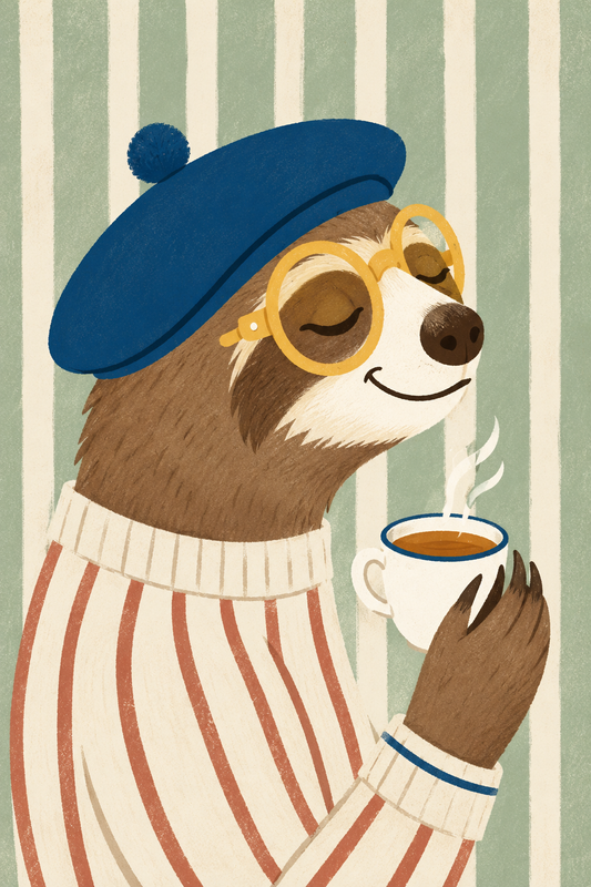 Cozy Café Sloth with Coffee — Cute Coffee Bar Wall Art