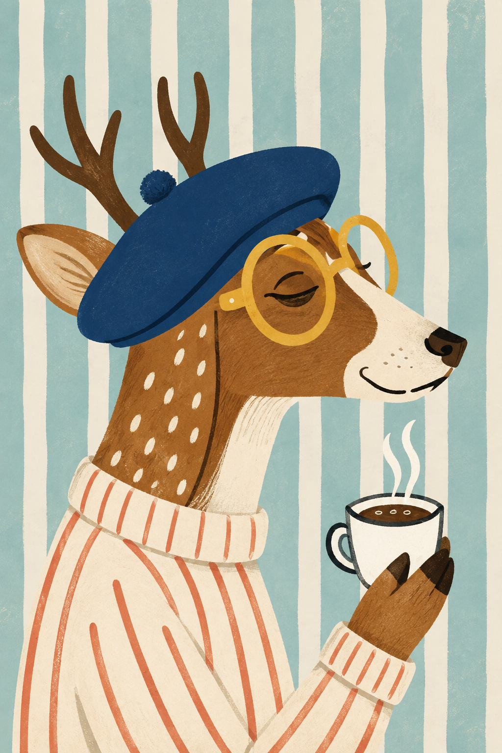 Cozy Café Deer with Coffee — Whimsical Animal Wall Art