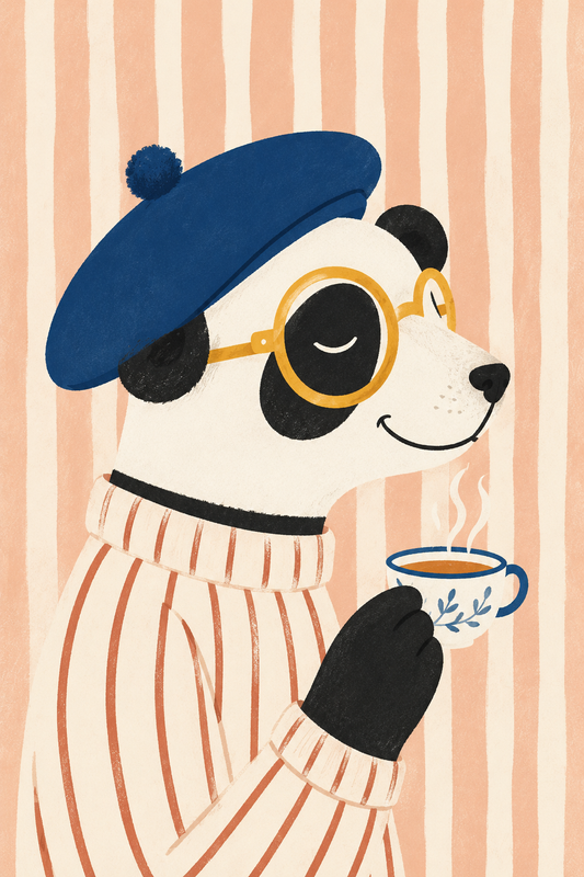 Cozy Café Panda with Tea — Cute Kitchen Animal Poster