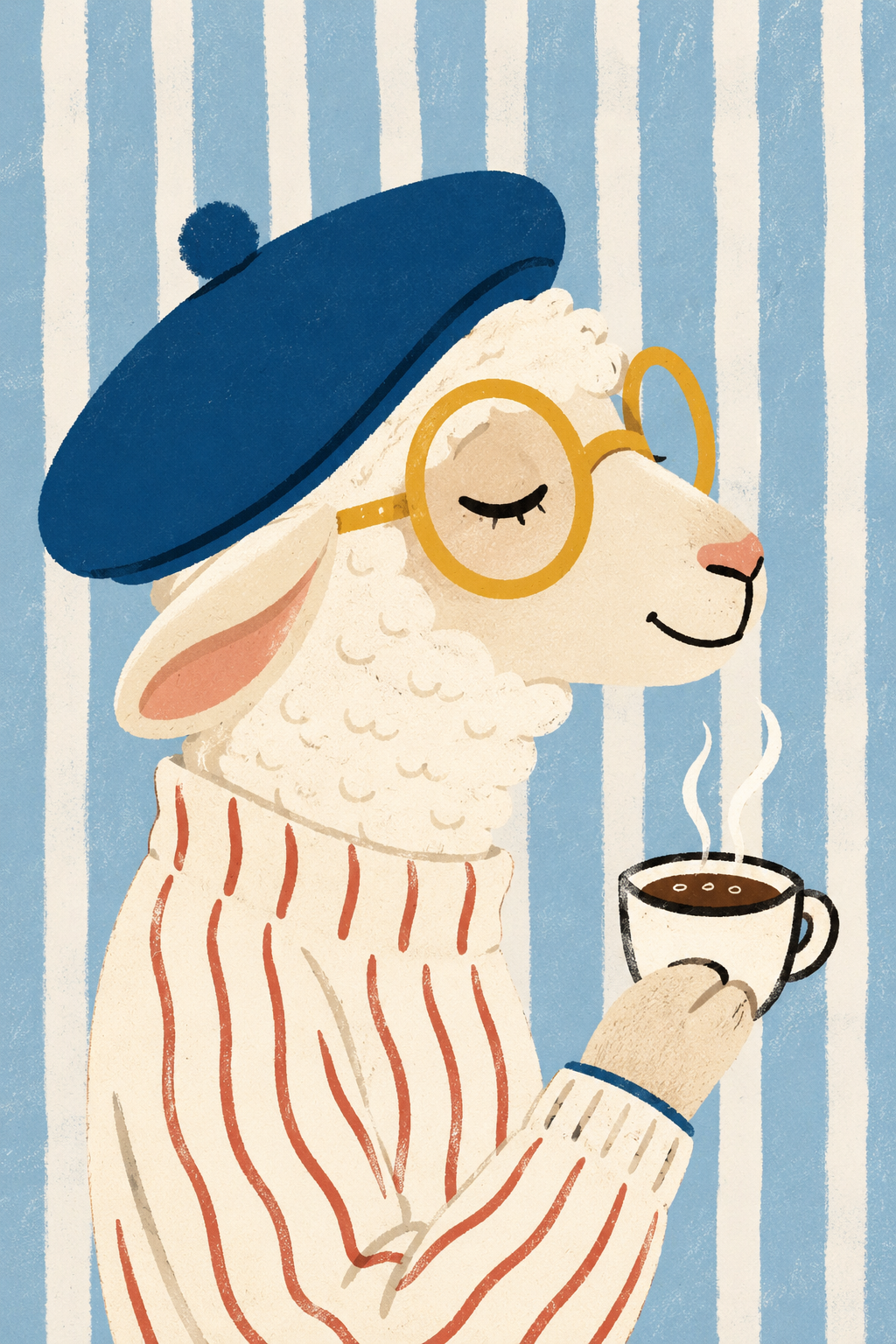 Cozy Café Sheep with Coffee — Cute Kitchen Wall Art
