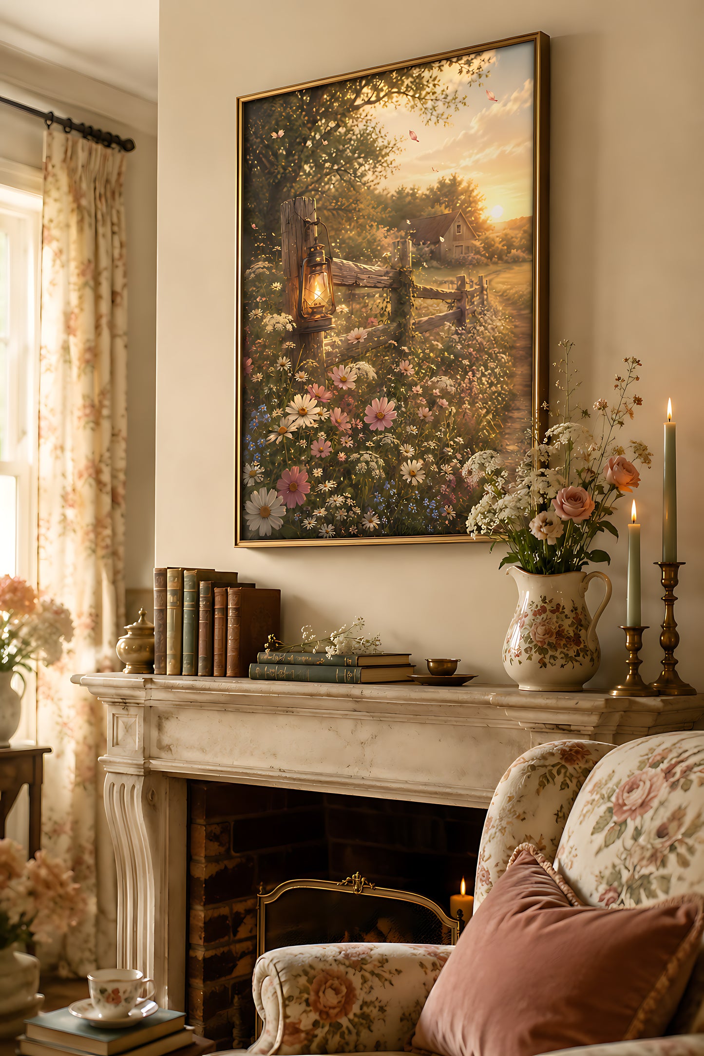 Cottagecore Wall Art, Vintage Lantern on Wildflower Fence at Sunset, Watercolor Farmhouse Wall Art