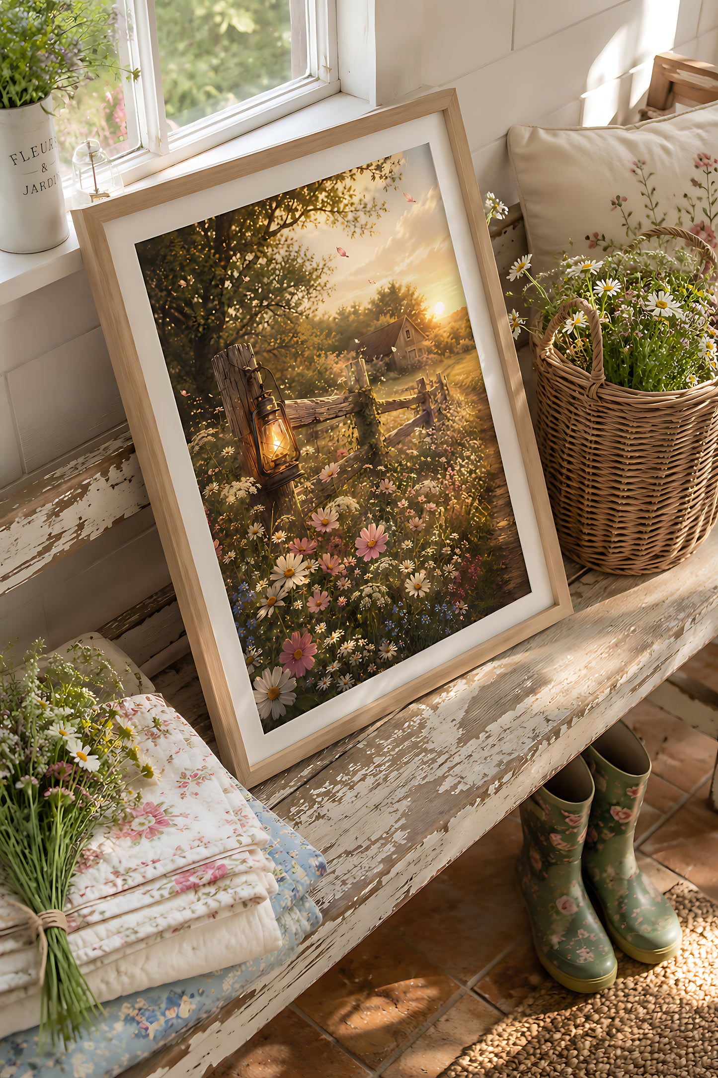 Cottagecore Wall Art, Vintage Lantern on Wildflower Fence at Sunset, Watercolor Farmhouse Wall Art