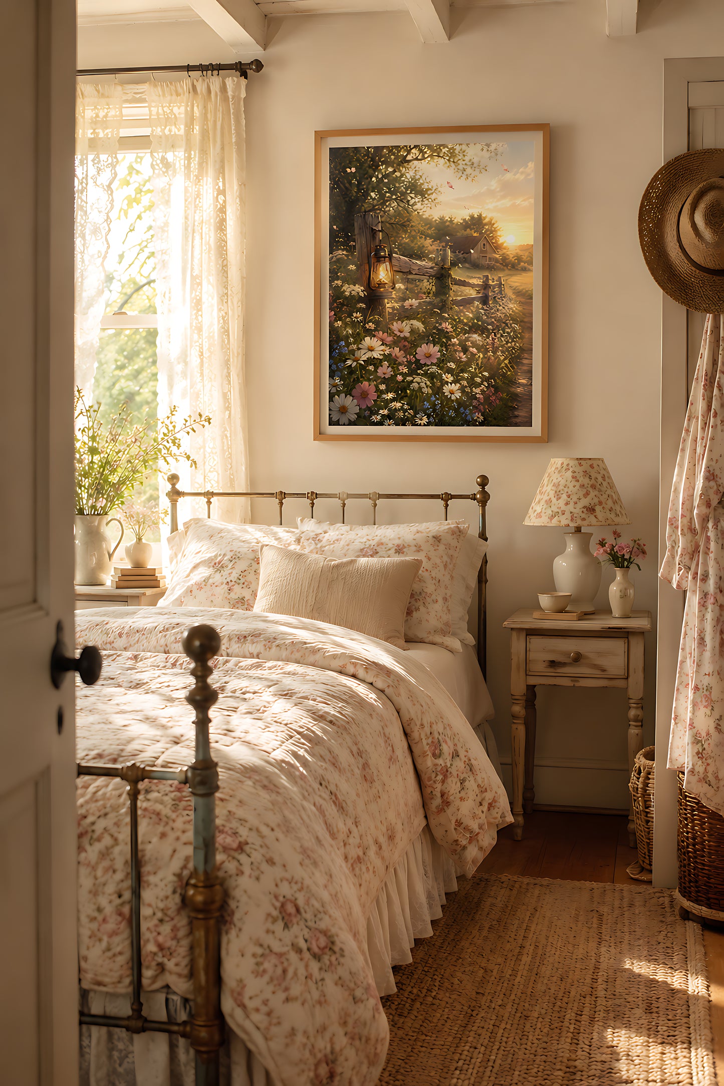 Cottagecore Wall Art, Vintage Lantern on Wildflower Fence at Sunset, Watercolor Farmhouse Wall Art