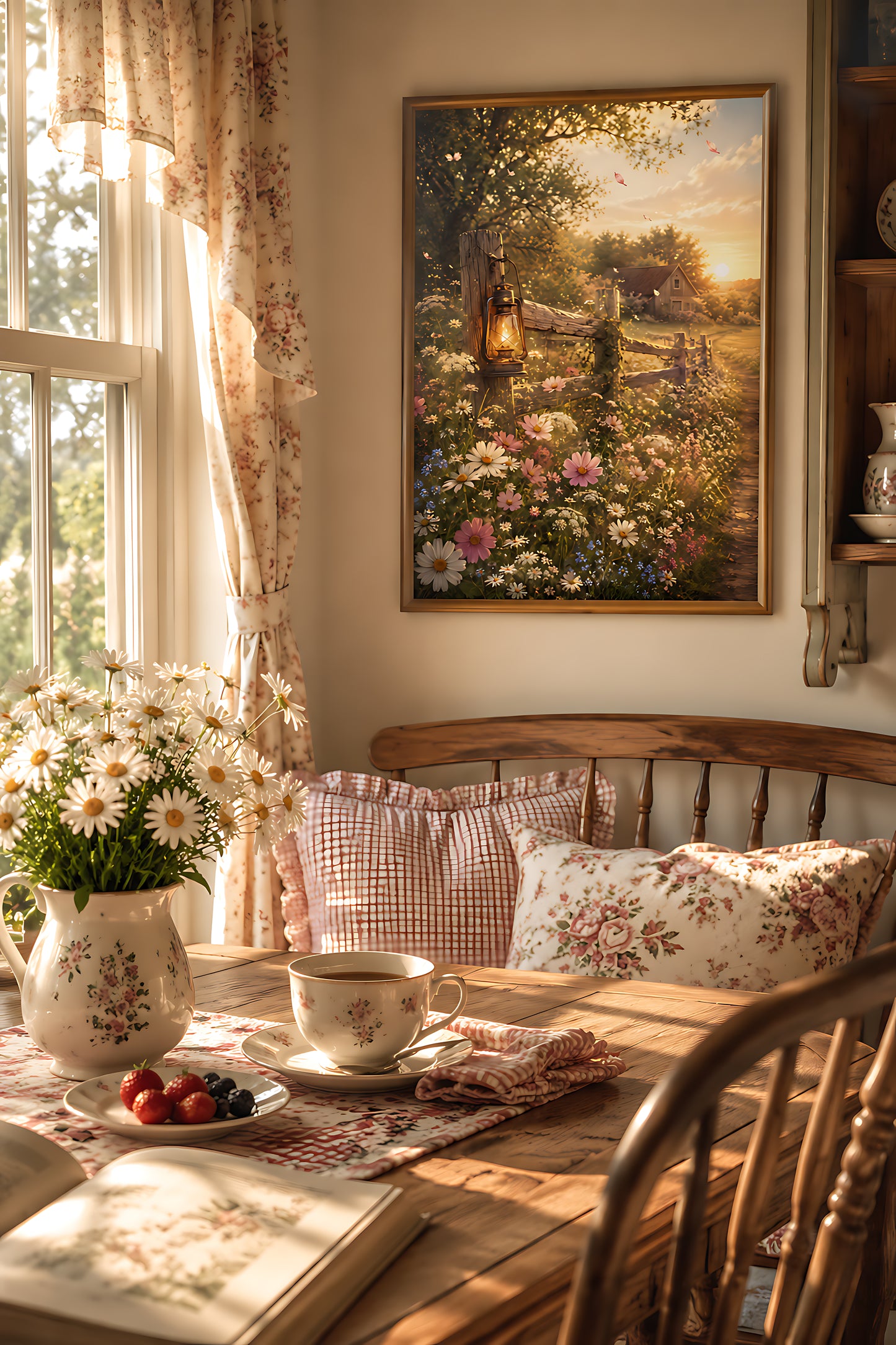 Cottagecore Wall Art, Vintage Lantern on Wildflower Fence at Sunset, Watercolor Farmhouse Wall Art