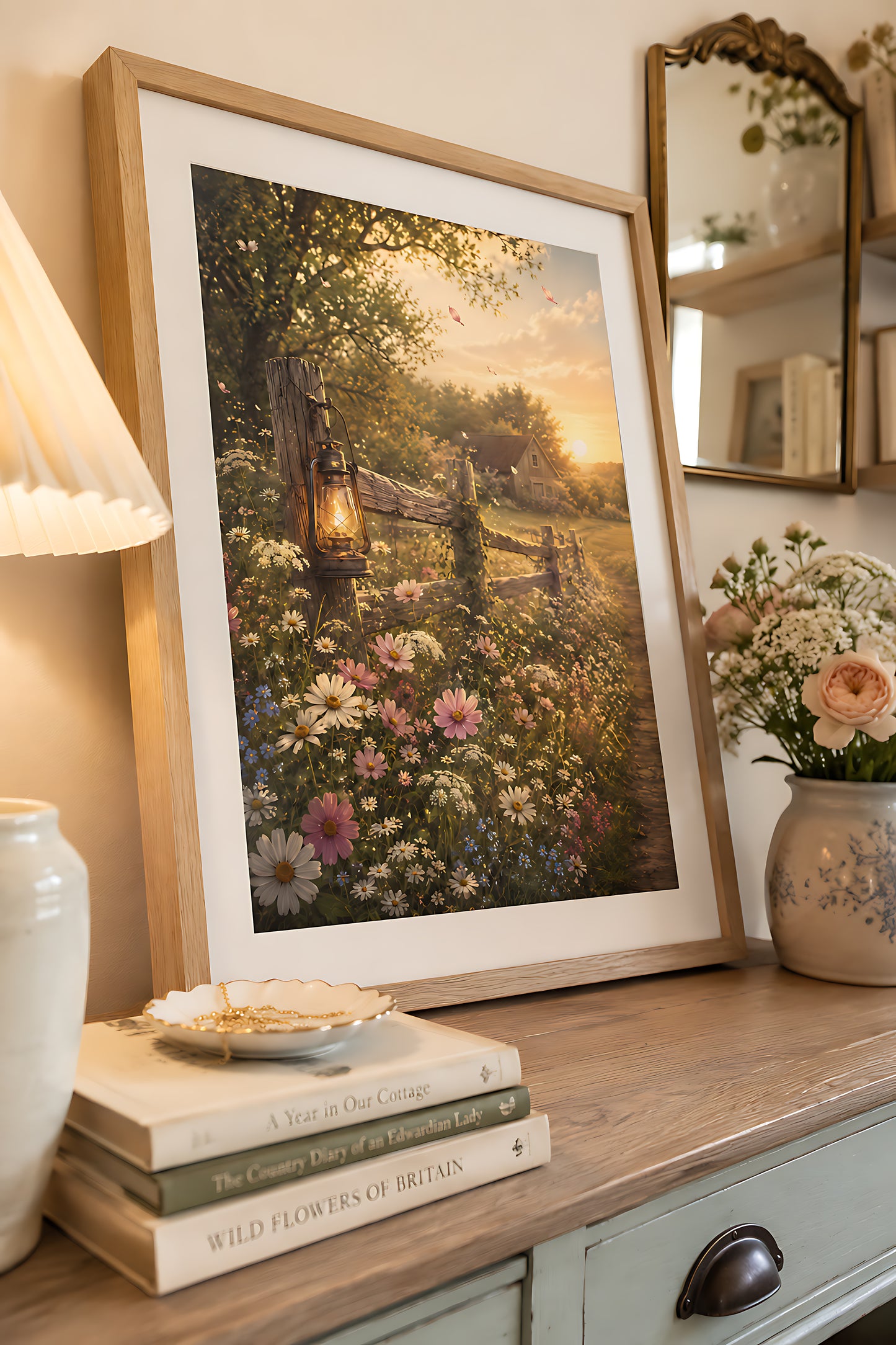 Cottagecore Wall Art, Vintage Lantern on Wildflower Fence at Sunset, Watercolor Farmhouse Wall Art