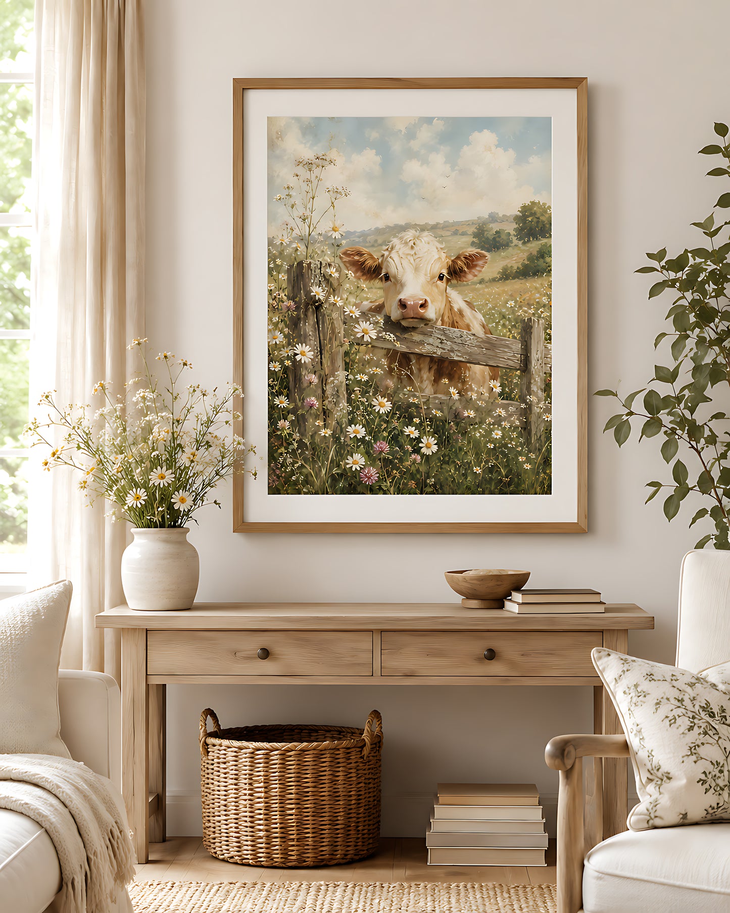 Cottagecore Wall Art, Vintage Cow in a Daisy Meadow, Watercolor Farmhouse Wall Art