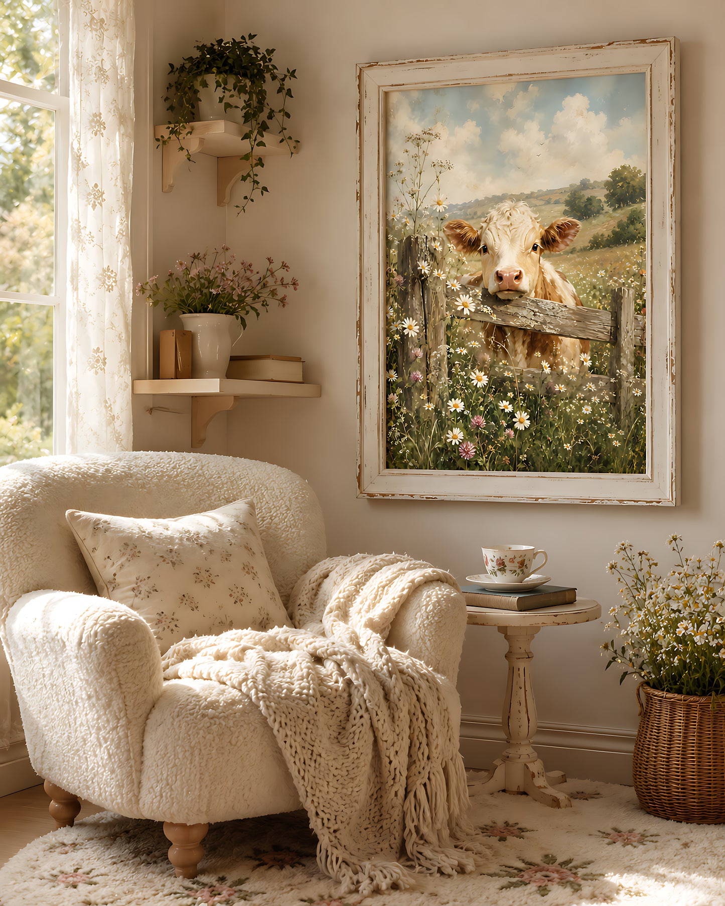 Cottagecore Wall Art, Vintage Cow in a Daisy Meadow, Watercolor Farmhouse Wall Art
