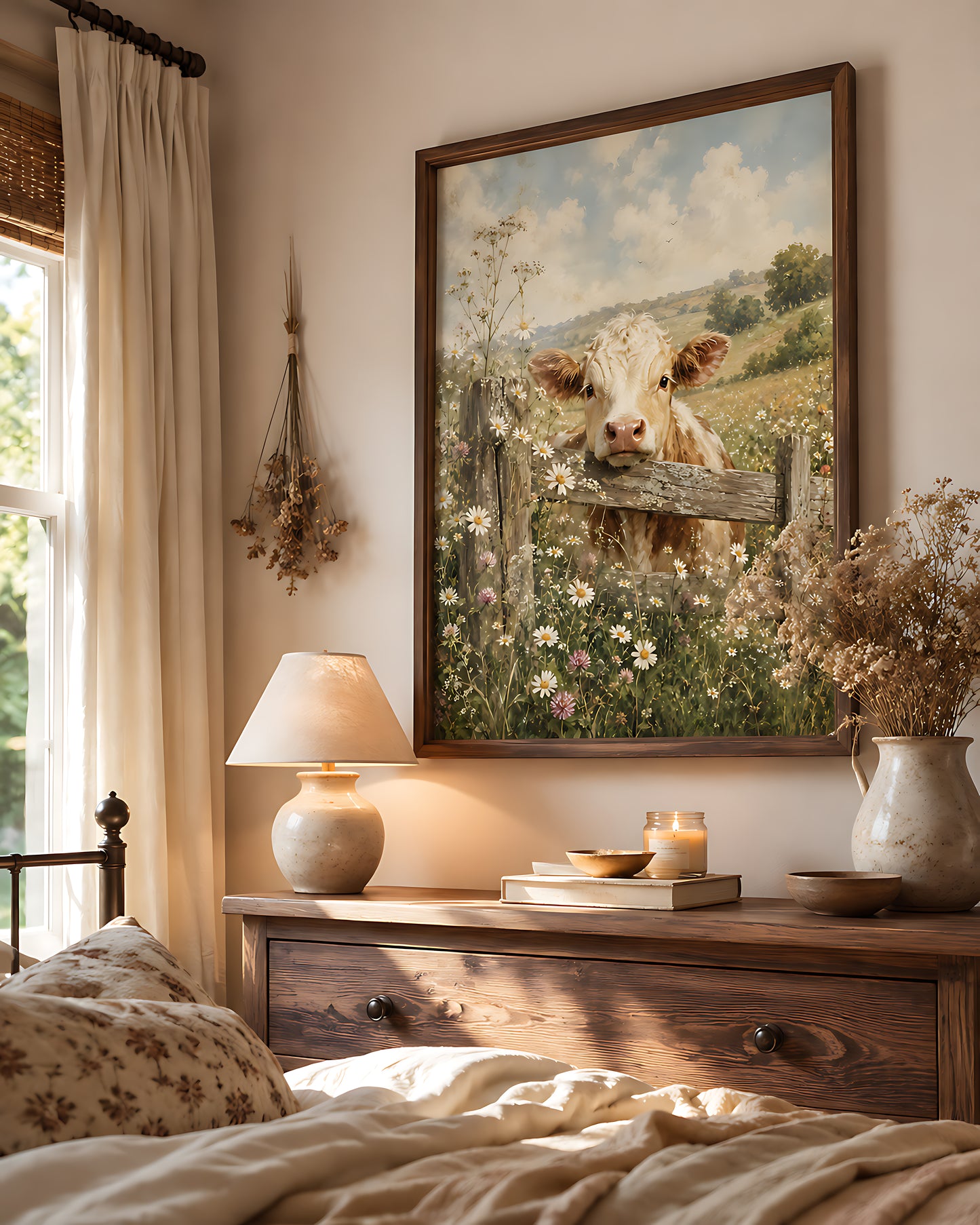 Cottagecore Wall Art, Vintage Cow in a Daisy Meadow, Watercolor Farmhouse Wall Art
