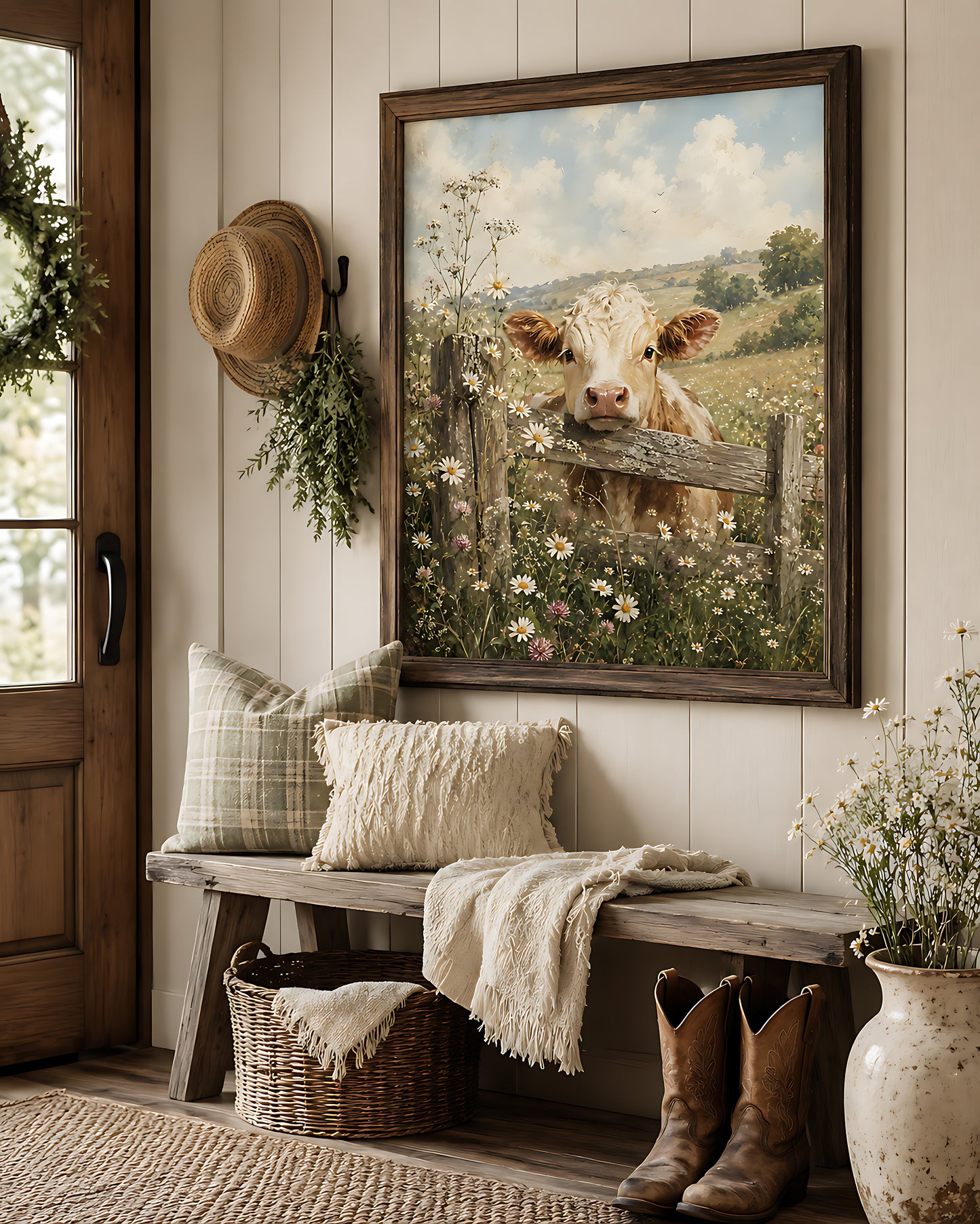 Cottagecore Wall Art, Vintage Cow in a Daisy Meadow, Watercolor Farmhouse Wall Art