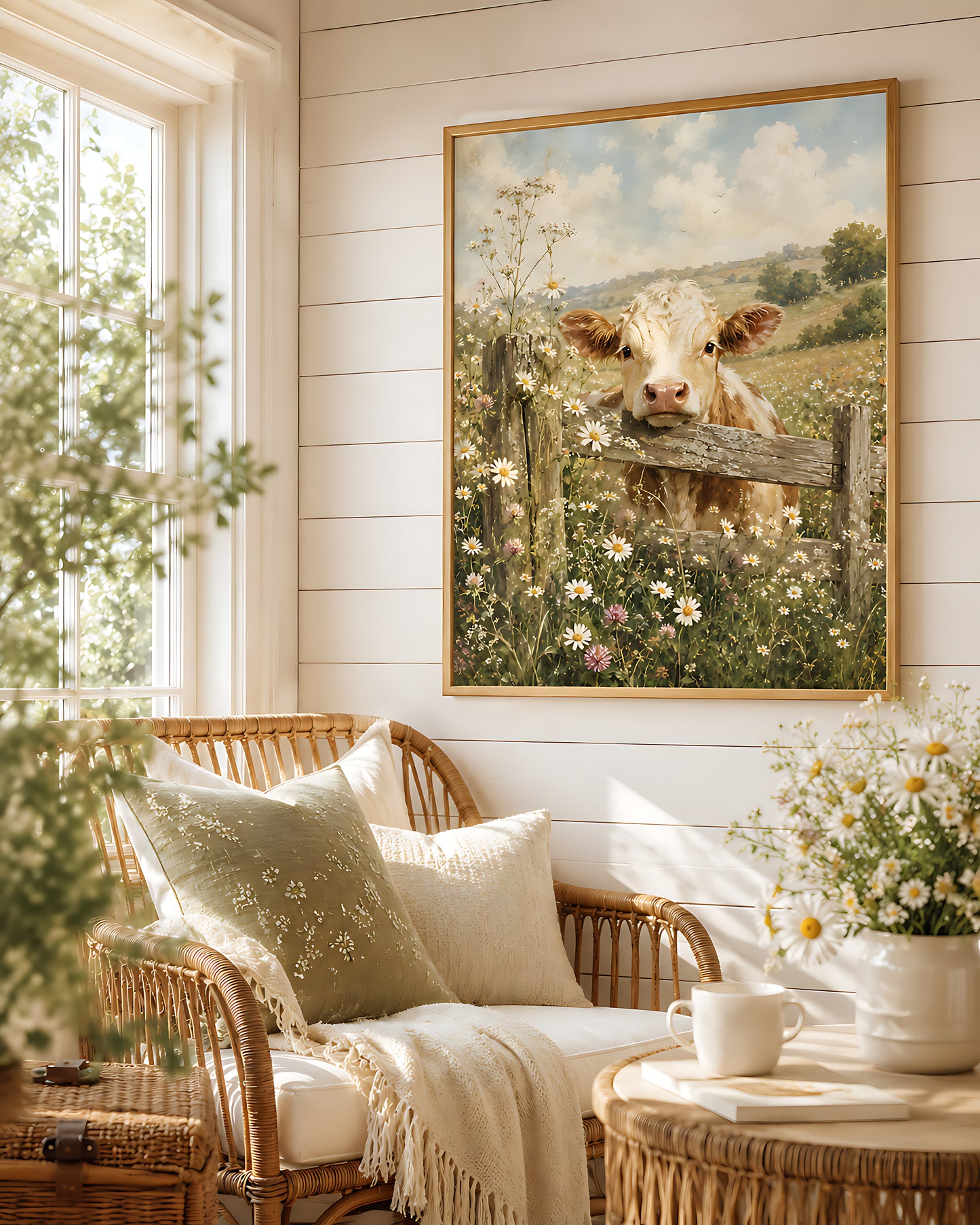 Cottagecore Wall Art, Vintage Cow in a Daisy Meadow, Watercolor Farmhouse Wall Art