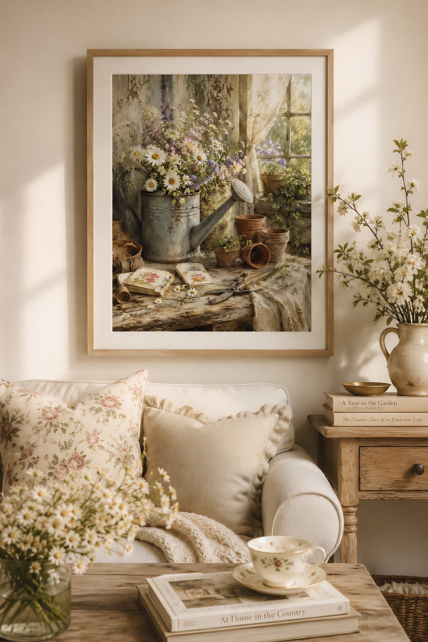 Cottagecore Wall Art, Vintage Watering Can with Wildflowers Still Life, Watercolor Farmhouse Wall Art
