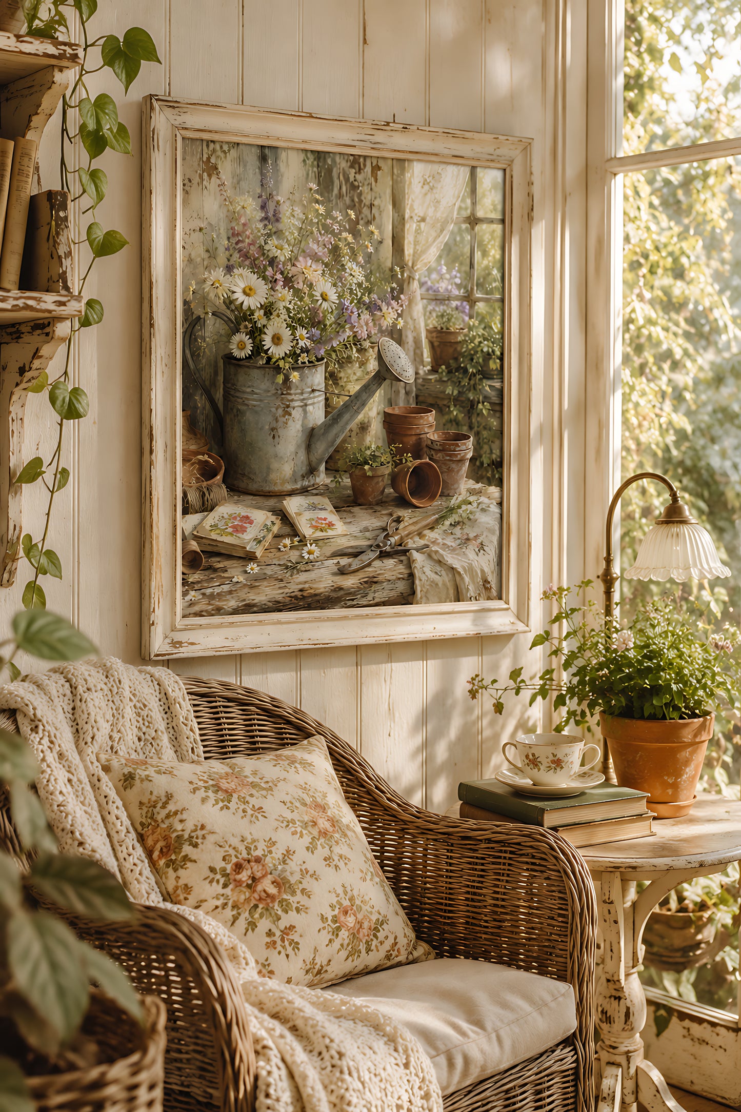 Cottagecore Wall Art, Vintage Watering Can with Wildflowers Still Life, Watercolor Farmhouse Wall Art
