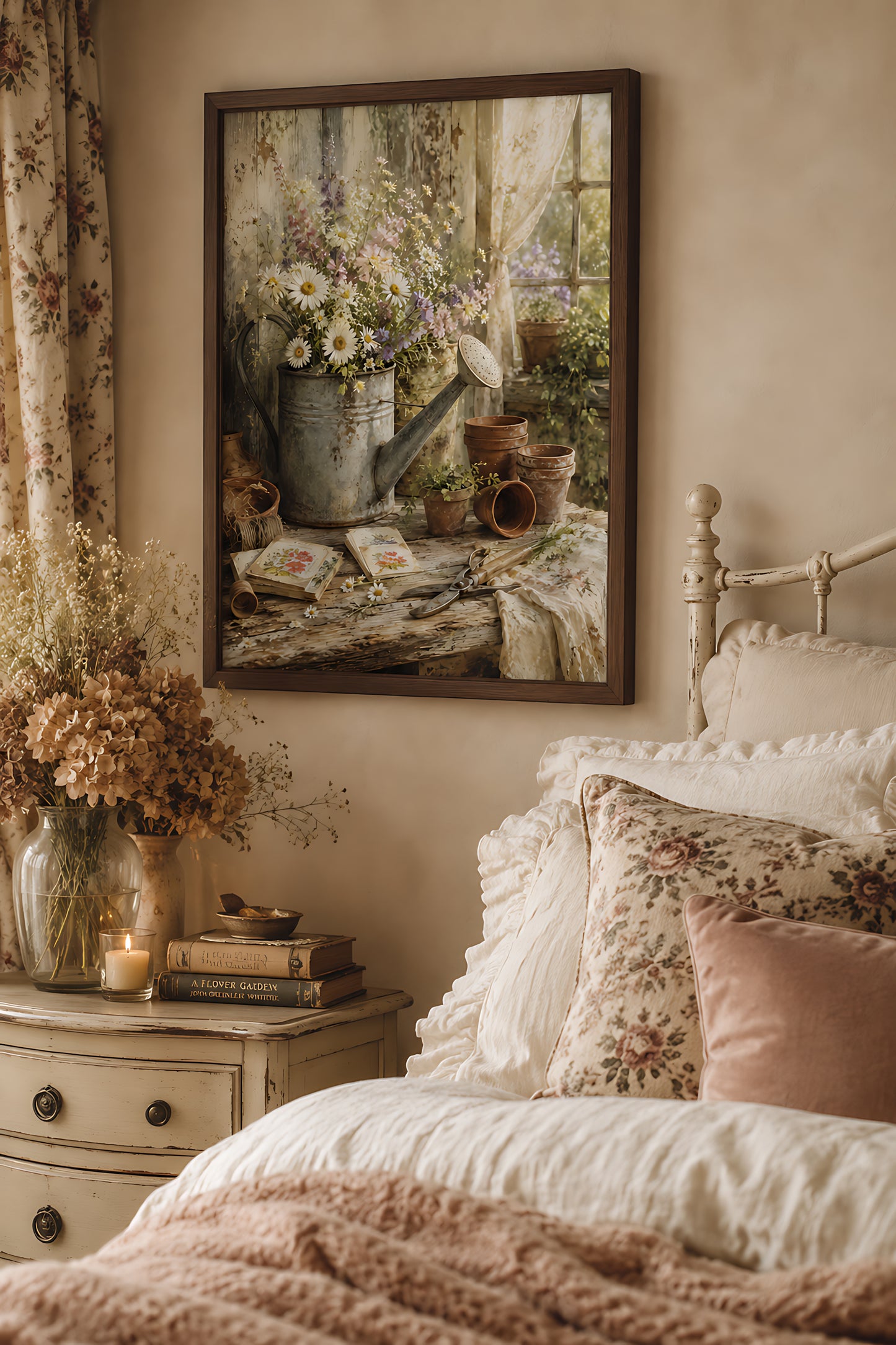 Cottagecore Wall Art, Vintage Watering Can with Wildflowers Still Life, Watercolor Farmhouse Wall Art