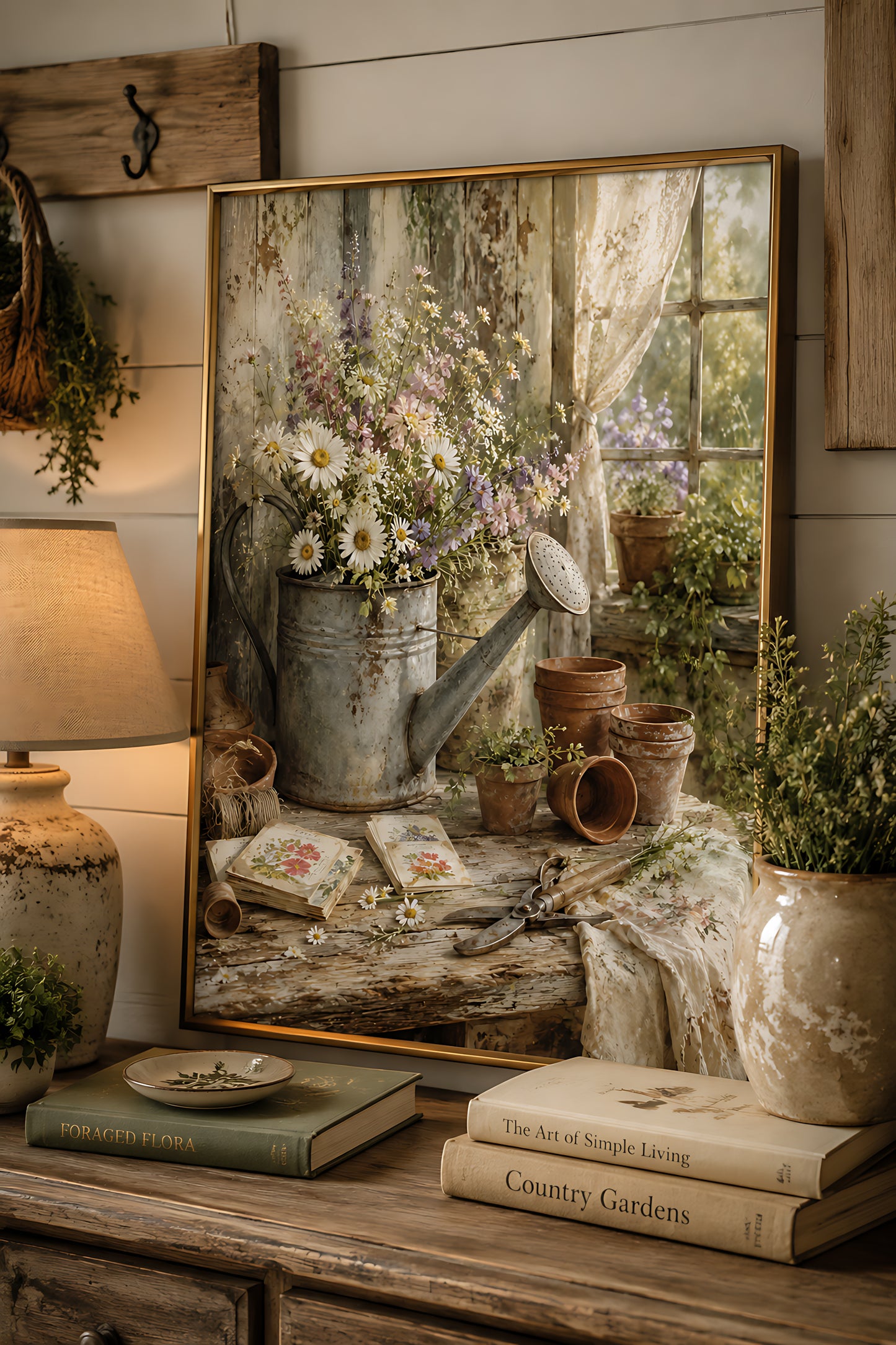 Cottagecore Wall Art, Vintage Watering Can with Wildflowers Still Life, Watercolor Farmhouse Wall Art