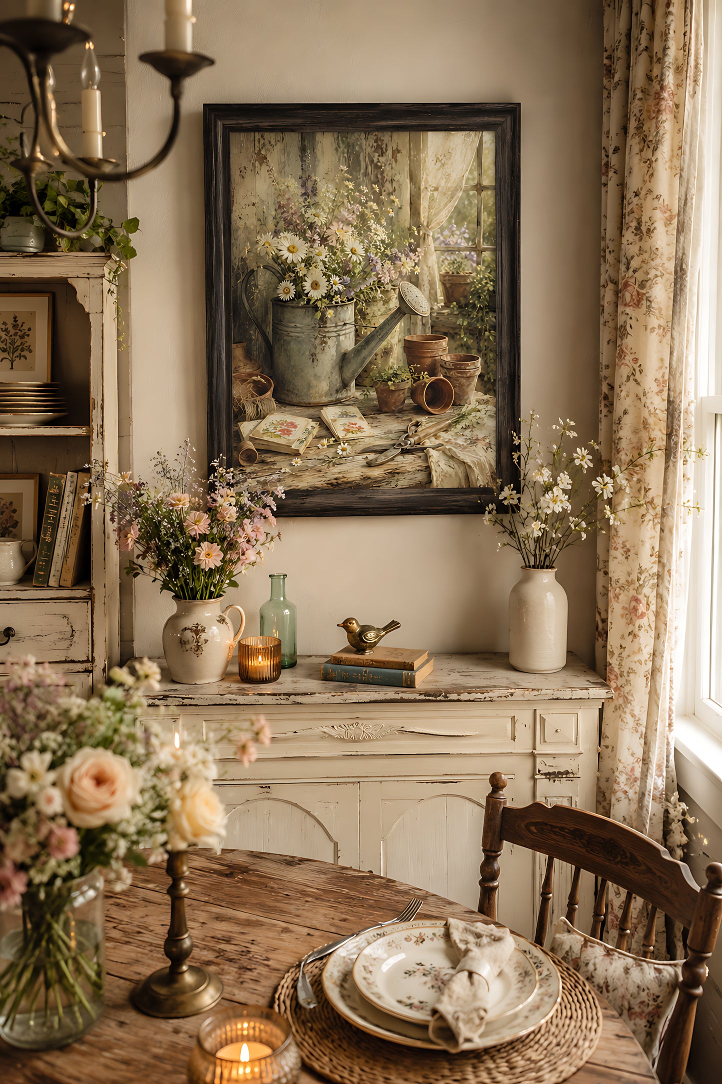 Cottagecore Wall Art, Vintage Watering Can with Wildflowers Still Life, Watercolor Farmhouse Wall Art