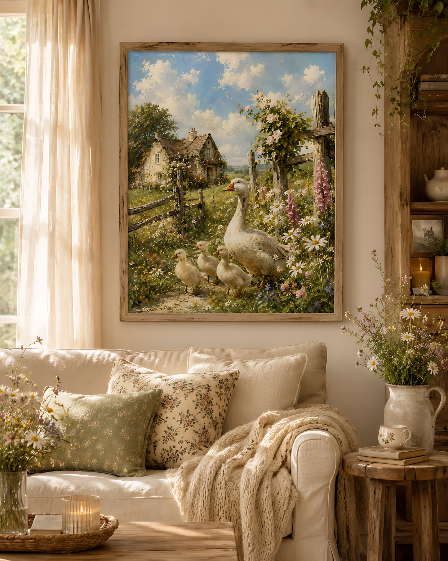 Cottagecore Wall Art, Vintage Mother Goose and Goslings in Cottage Garden, Watercolor Farmhouse Wall Art