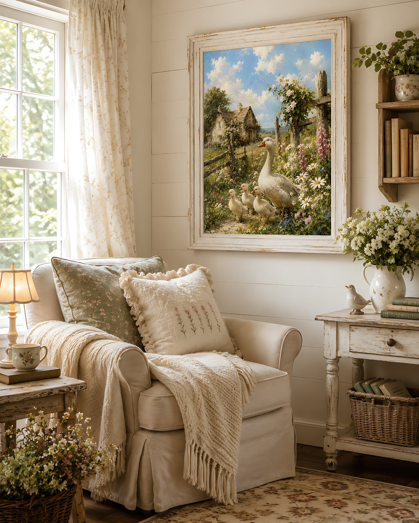 Cottagecore Wall Art, Vintage Mother Goose and Goslings in Cottage Garden, Watercolor Farmhouse Wall Art