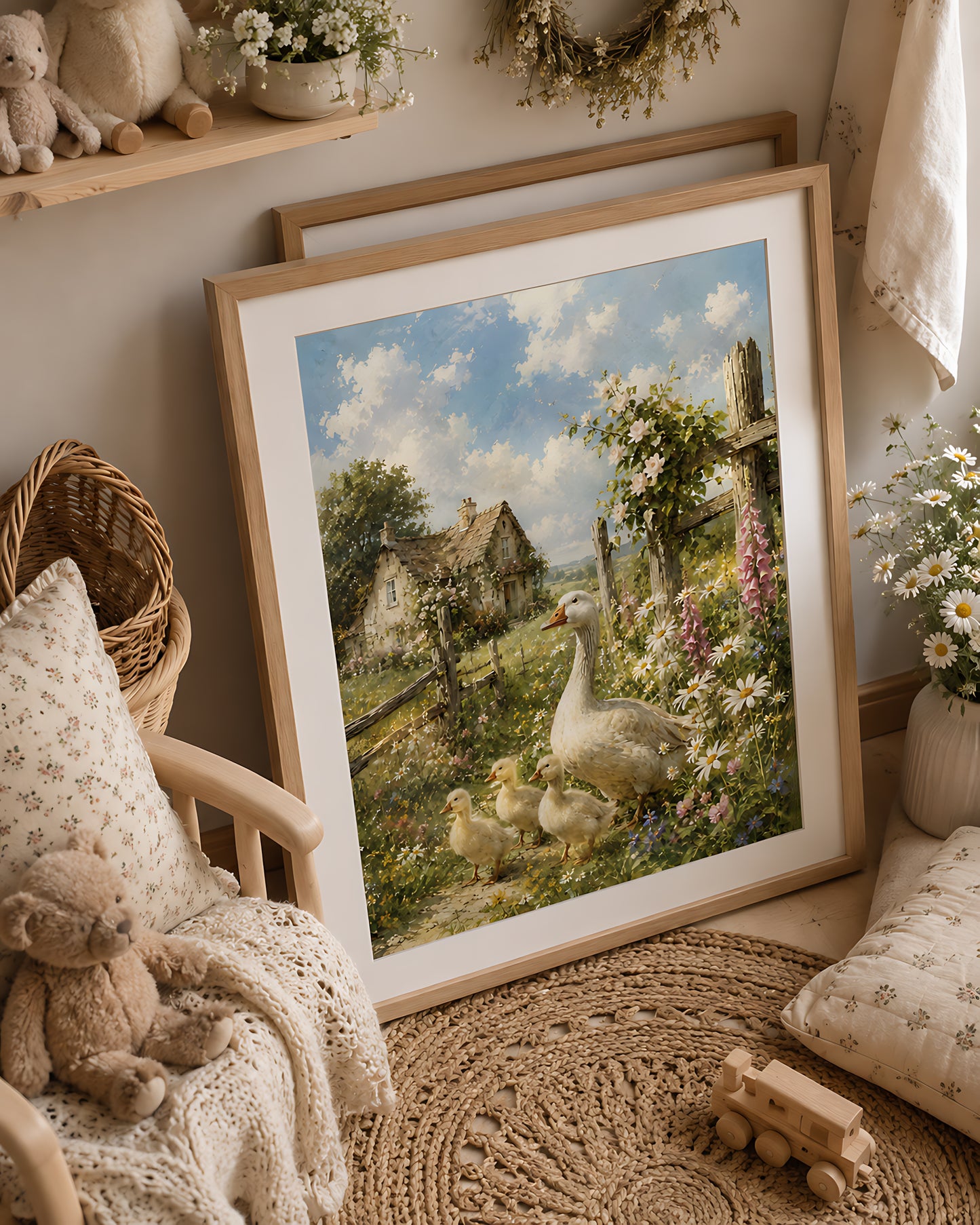 Cottagecore Wall Art, Vintage Mother Goose and Goslings in Cottage Garden, Watercolor Farmhouse Wall Art