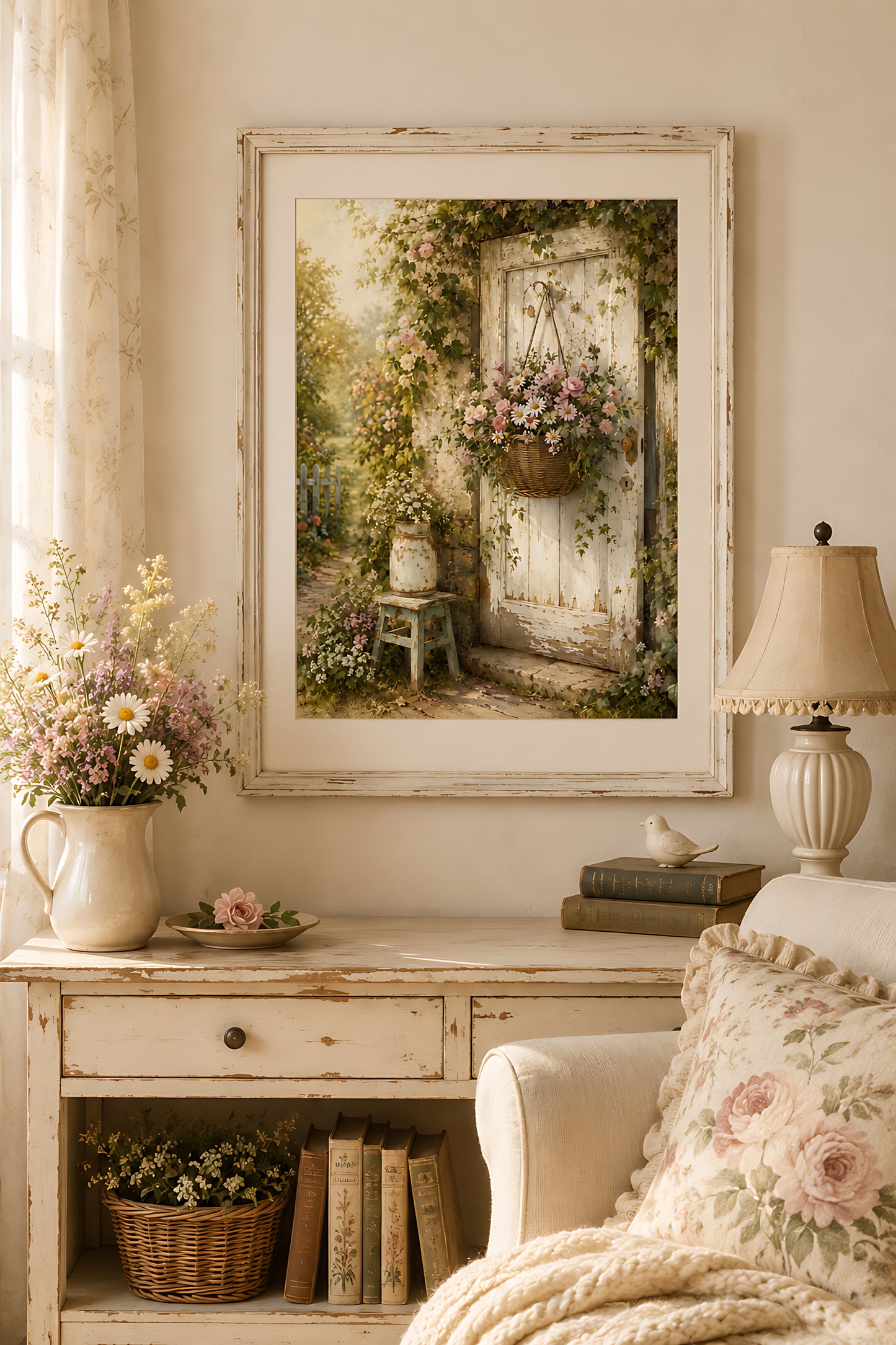 Cottagecore Wall Art, Vintage Flower Basket on Rustic Door, Watercolor Cottage Print