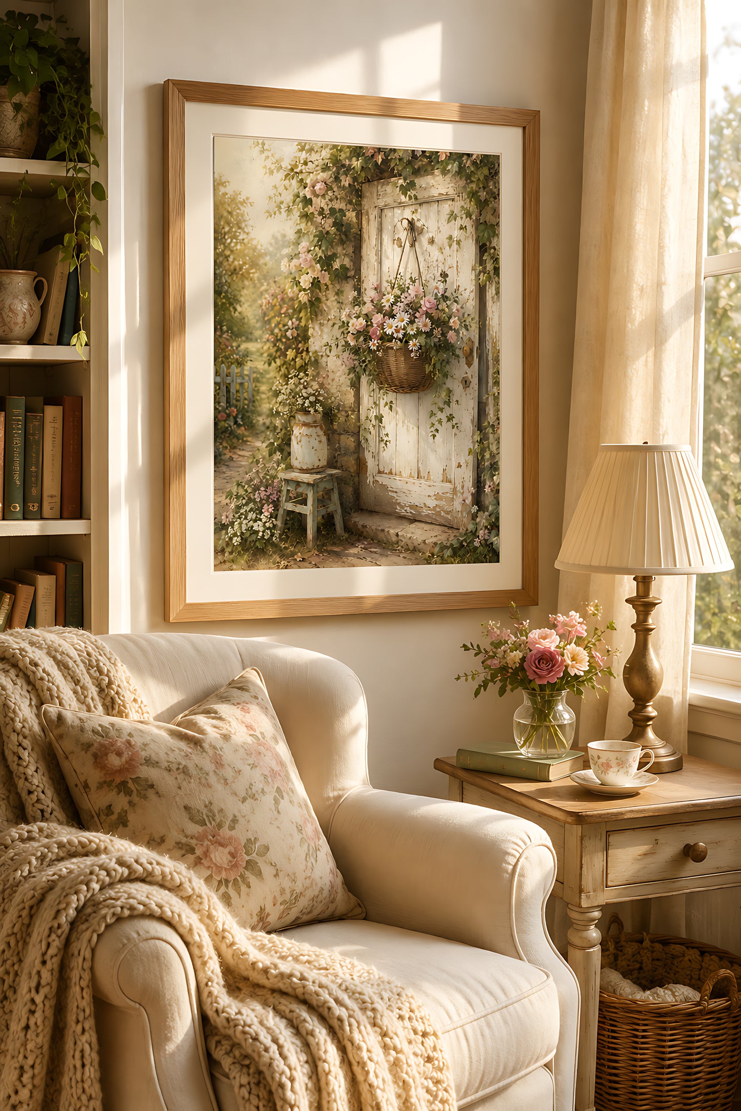 Cottagecore Wall Art, Vintage Flower Basket on Rustic Door, Watercolor Cottage Print