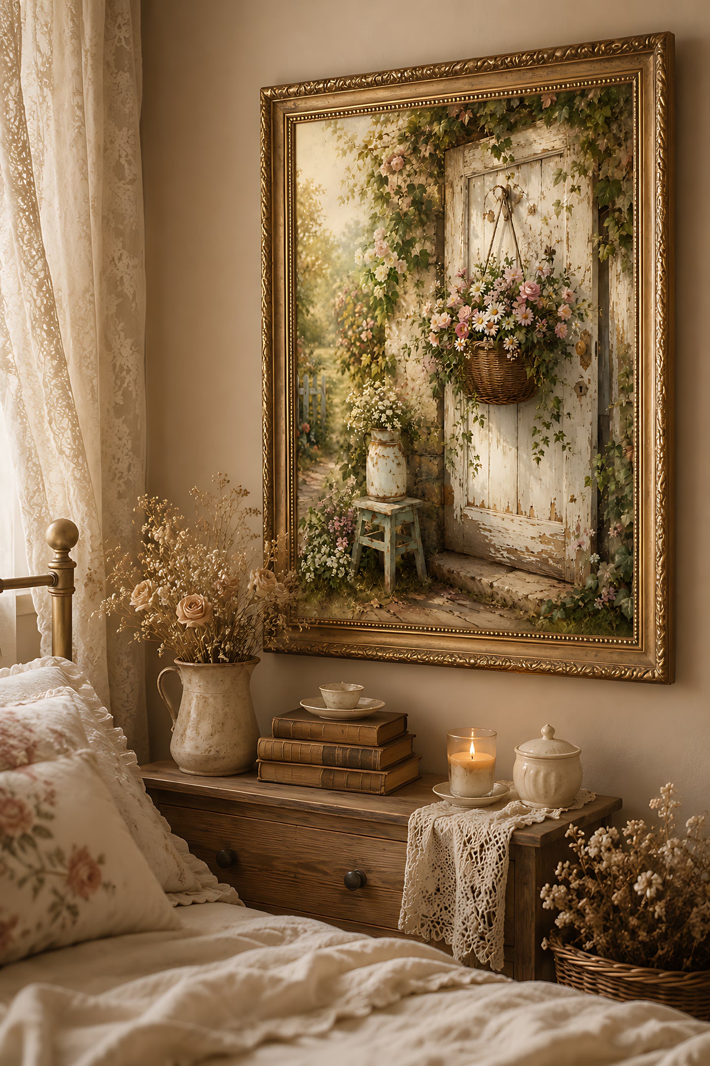 Cottagecore Wall Art, Vintage Flower Basket on Rustic Door, Watercolor Cottage Print
