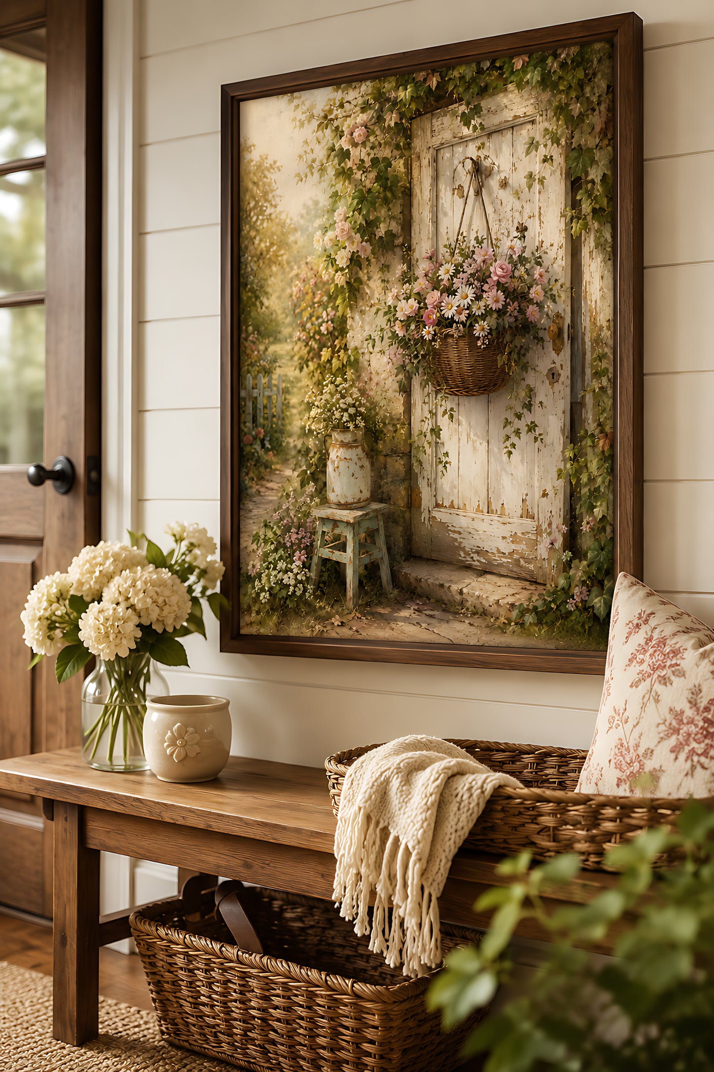 Cottagecore Wall Art, Vintage Flower Basket on Rustic Door, Watercolor Cottage Print