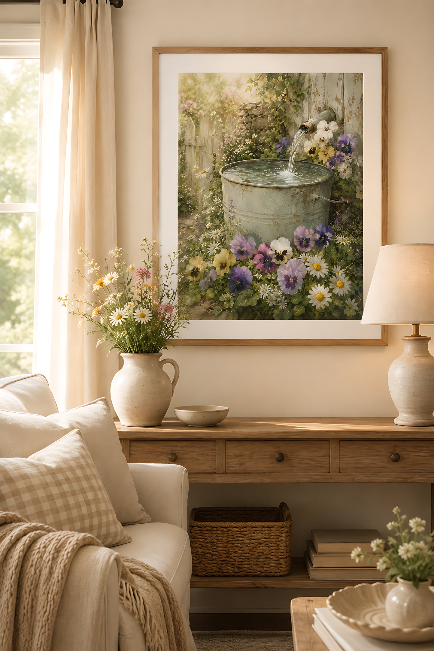 Cottagecore Wall Art, Vintage Water Barrel with Pansies, Watercolor Garden Print