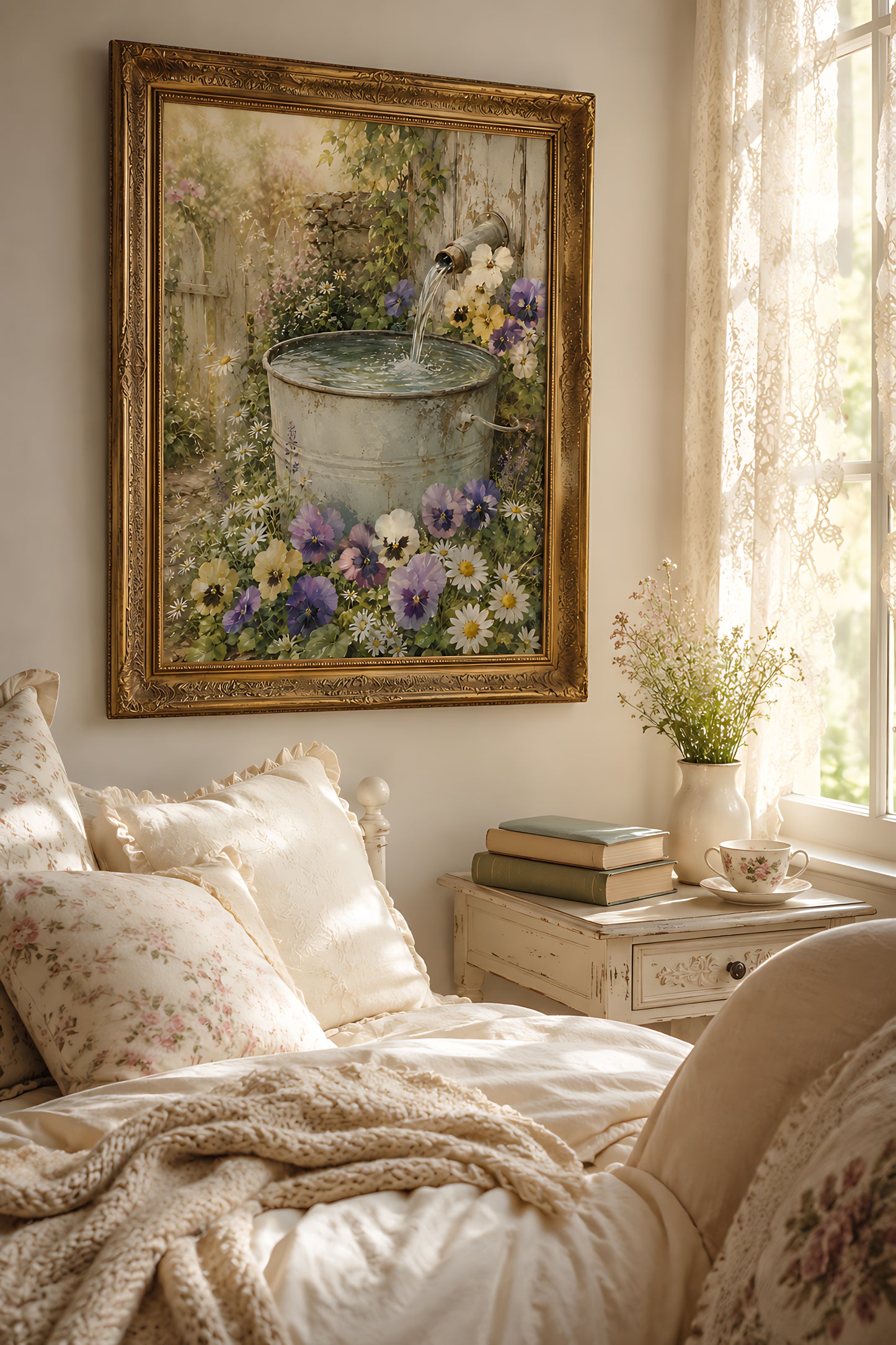 Cottagecore Wall Art, Vintage Water Barrel with Pansies, Watercolor Garden Print