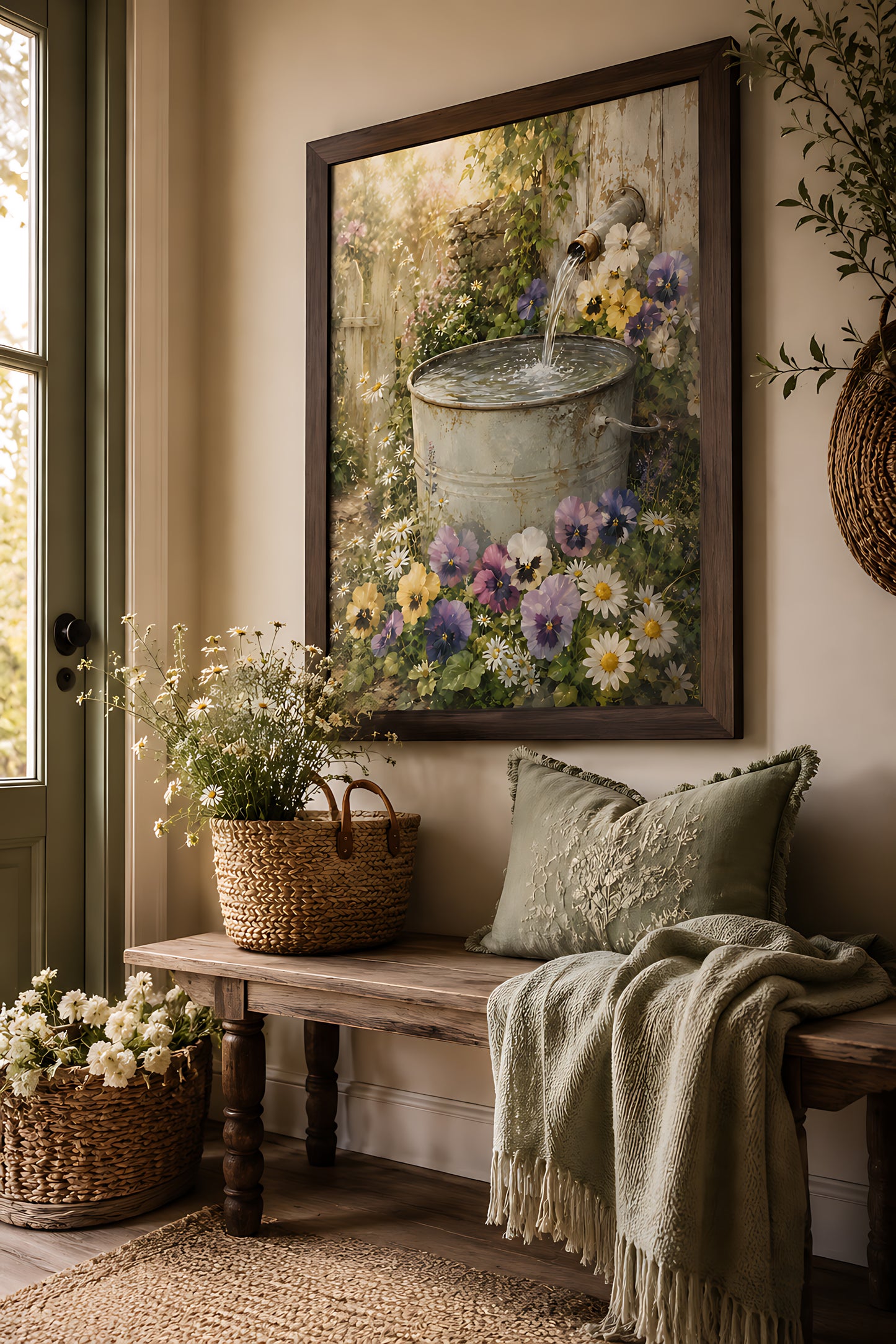 Cottagecore Wall Art, Vintage Water Barrel with Pansies, Watercolor Garden Print