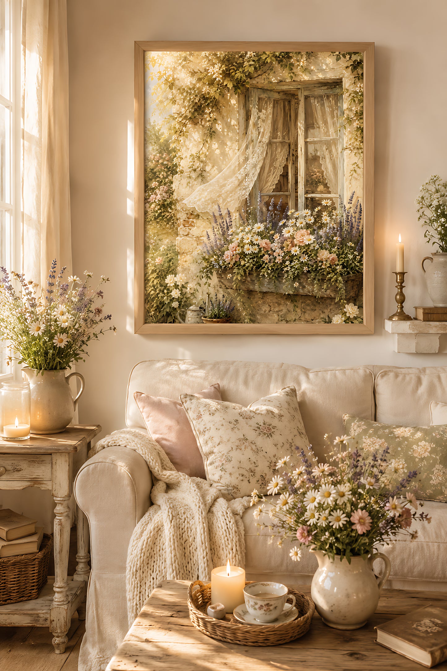 Cottagecore Wall Art, Vintage Cottage Window with Lace Curtains, Watercolor Print
