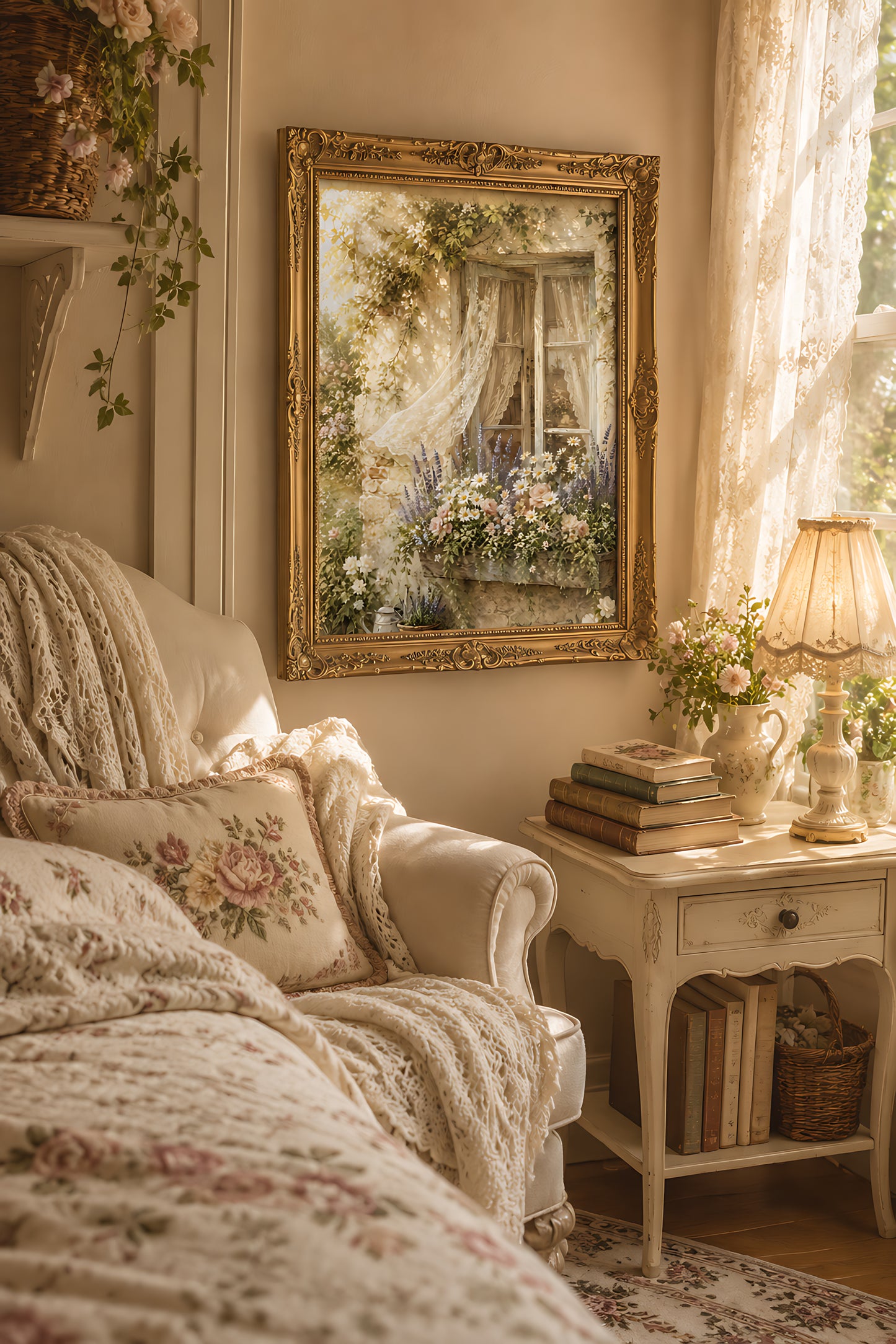 Cottagecore Wall Art, Vintage Cottage Window with Lace Curtains, Watercolor Print