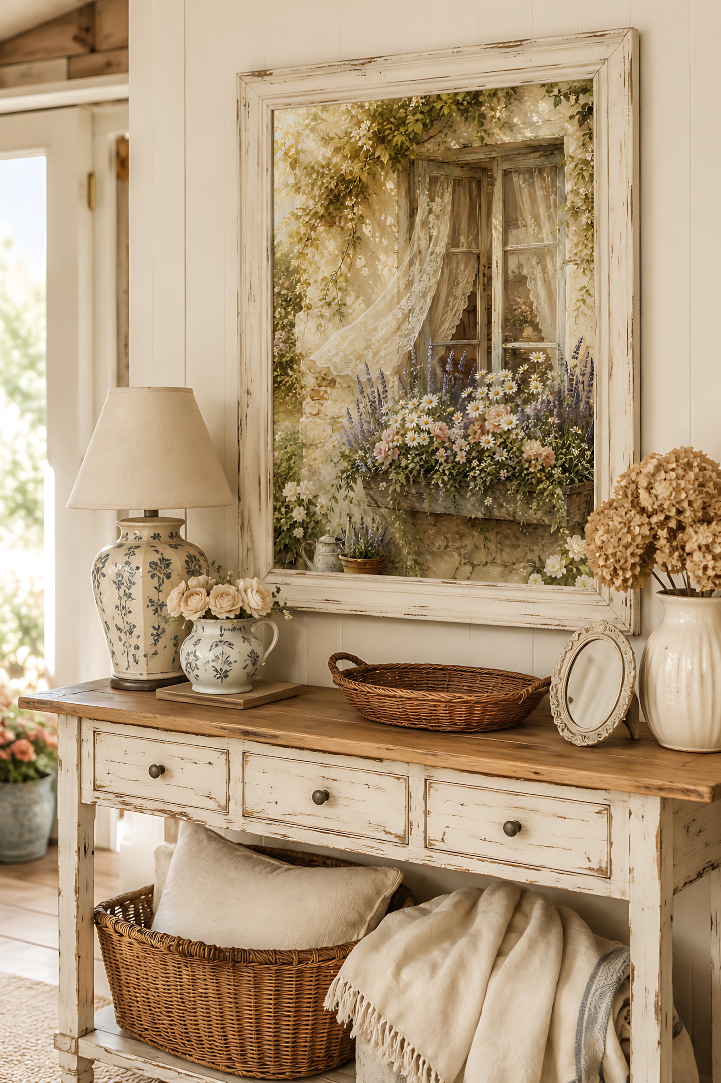 Cottagecore Wall Art, Vintage Cottage Window with Lace Curtains, Watercolor Print
