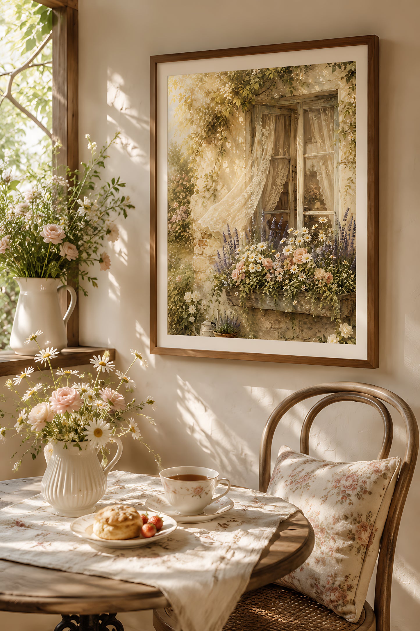 Cottagecore Wall Art, Vintage Cottage Window with Lace Curtains, Watercolor Print
