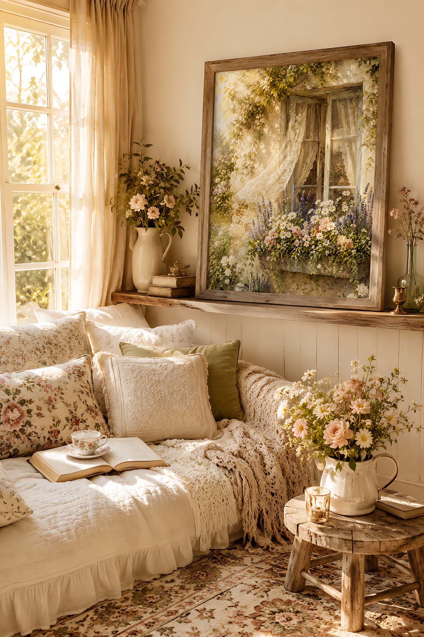 Cottagecore Wall Art, Vintage Cottage Window with Lace Curtains, Watercolor Print
