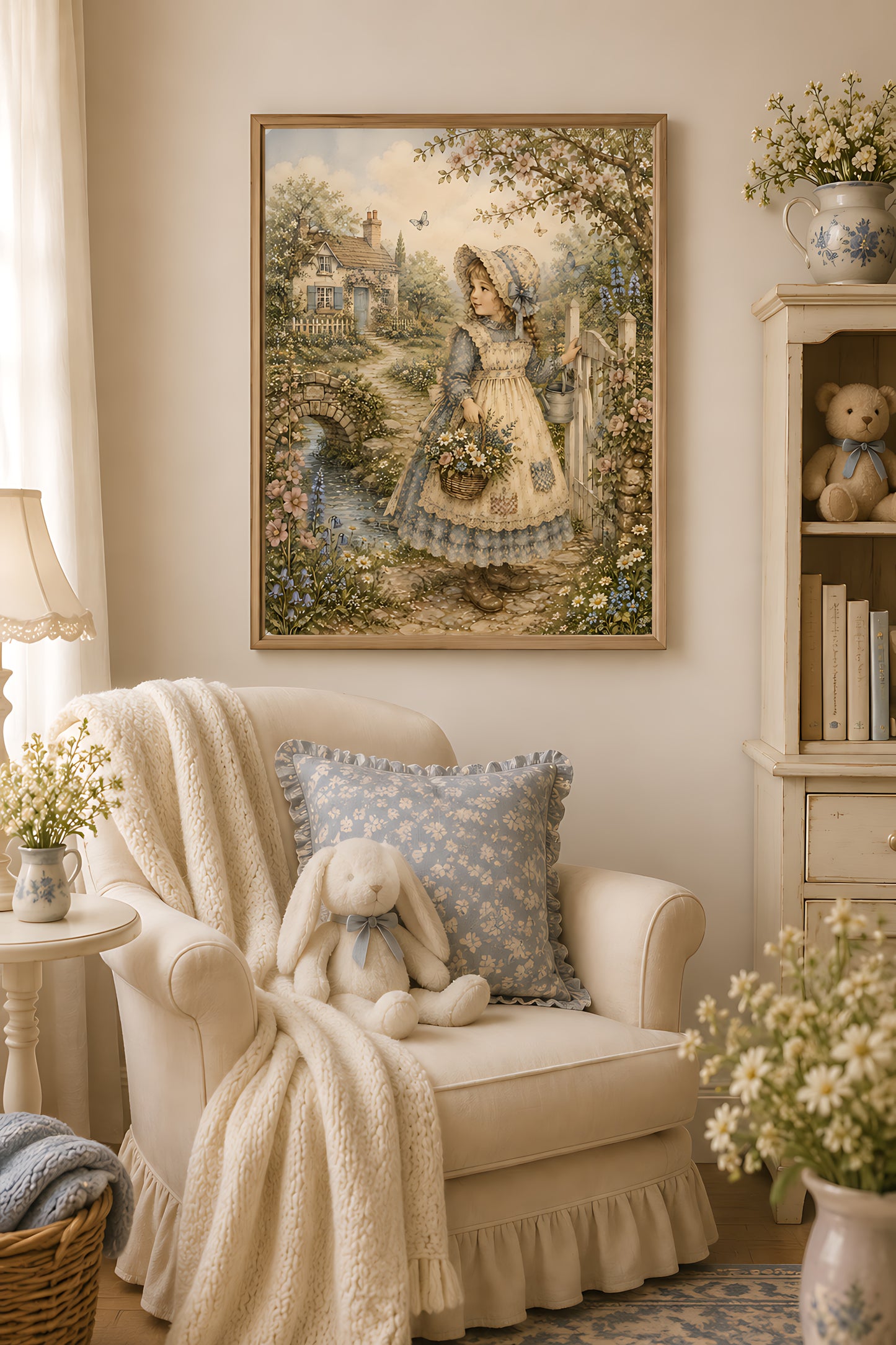 Cottagecore Wall Art, Vintage Storybook Girl in Cottage Garden, Watercolor Nursery Wall Art