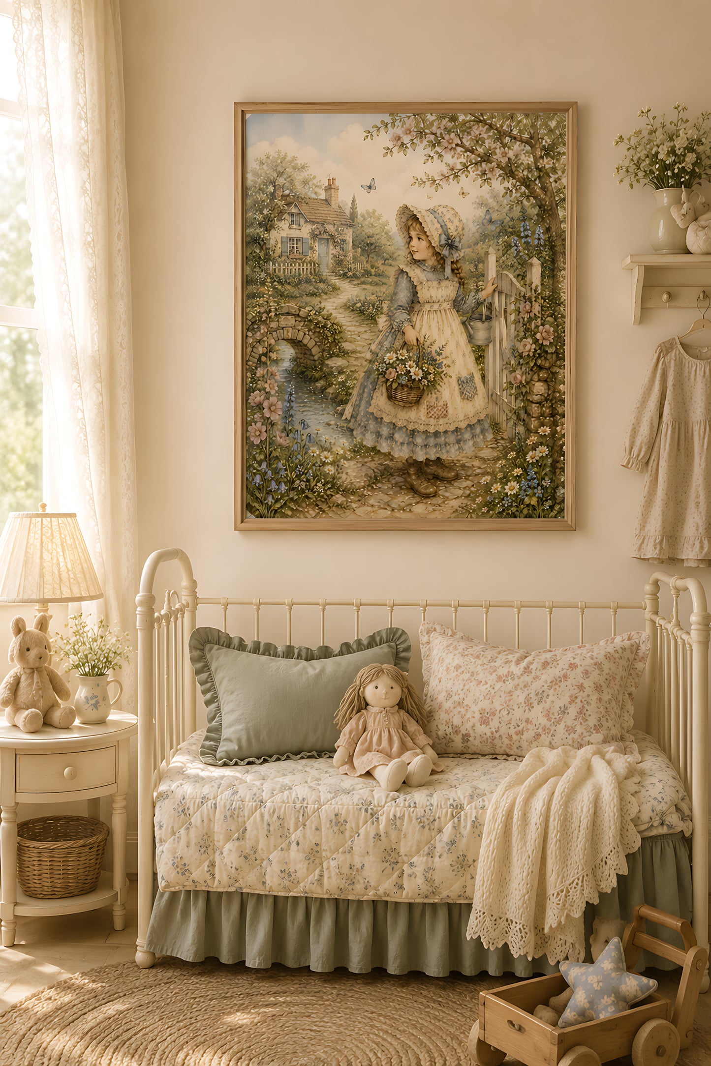 Cottagecore Wall Art, Vintage Storybook Girl in Cottage Garden, Watercolor Nursery Wall Art