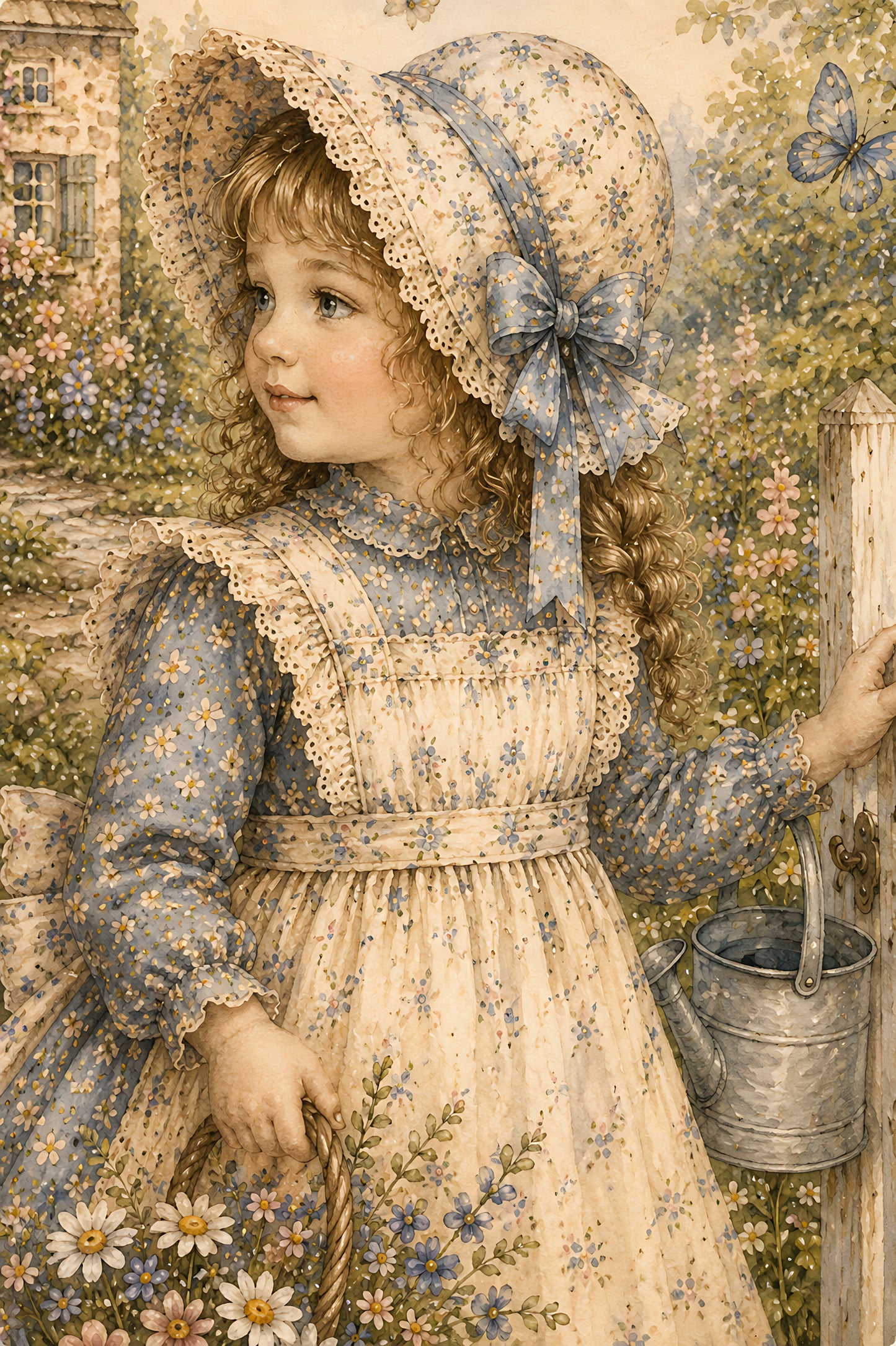 Cottagecore Wall Art, Vintage Storybook Girl in Cottage Garden, Watercolor Nursery Wall Art