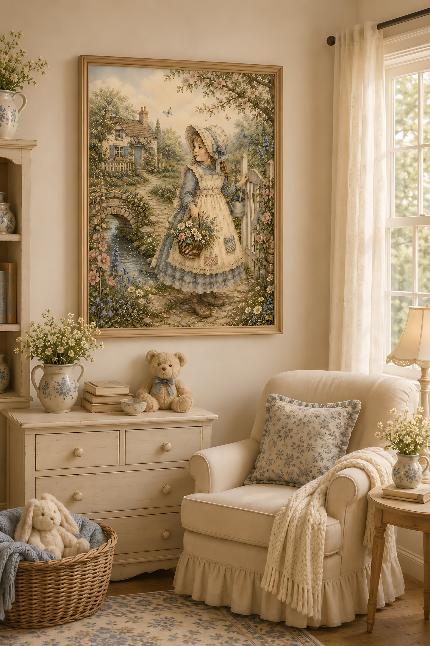 Cottagecore Wall Art, Vintage Storybook Girl in Cottage Garden, Watercolor Nursery Wall Art