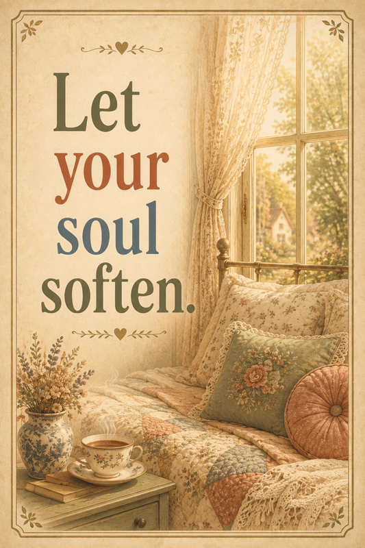 Let Your Soul Soften cottagecore wall art poster — cozy bed with patchwork quilts, floral cushions and a teacup by a lace-curtained window
