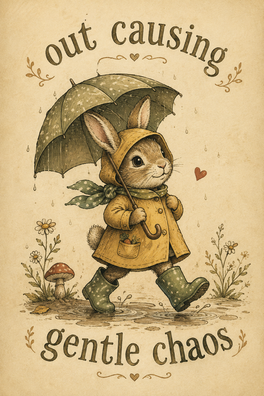 Out causing gentle chaos bunny cottagecore wall art poster — vintage bunny in a yellow raincoat holding an umbrella splashing through puddles