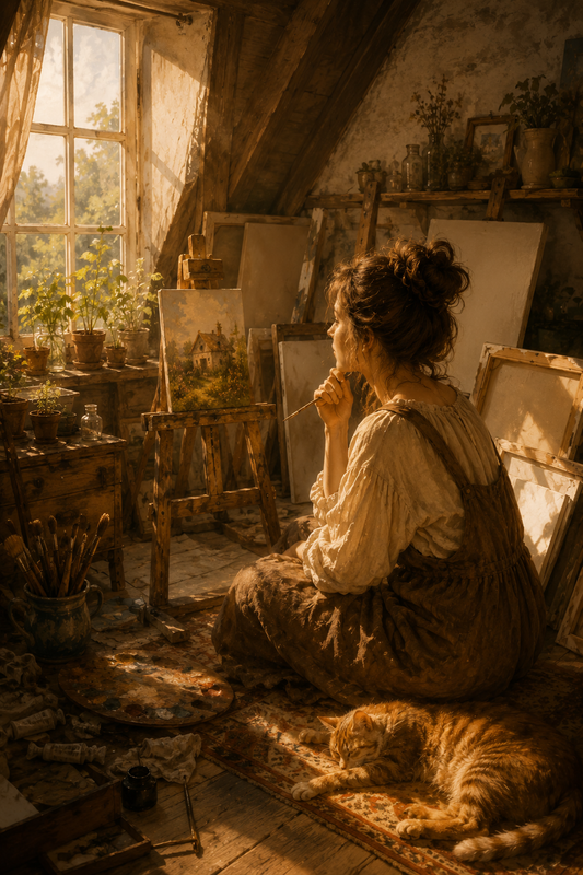 Woman painting in a sunlit vintage studio with a sleeping cat