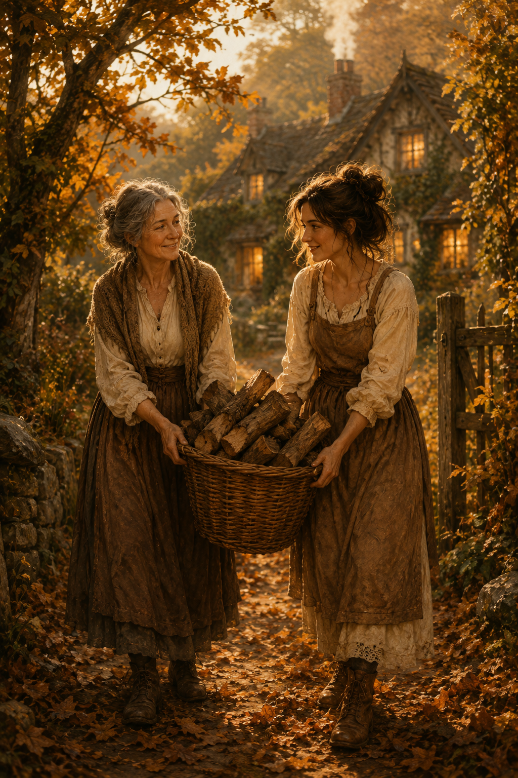 Two women carrying an autumn harvest basket through a cottage village