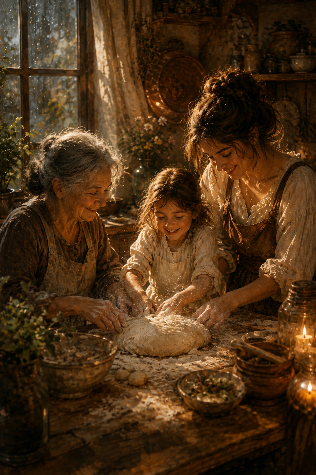 Grandmother, mother, and child baking together in a warm cottage kitchen