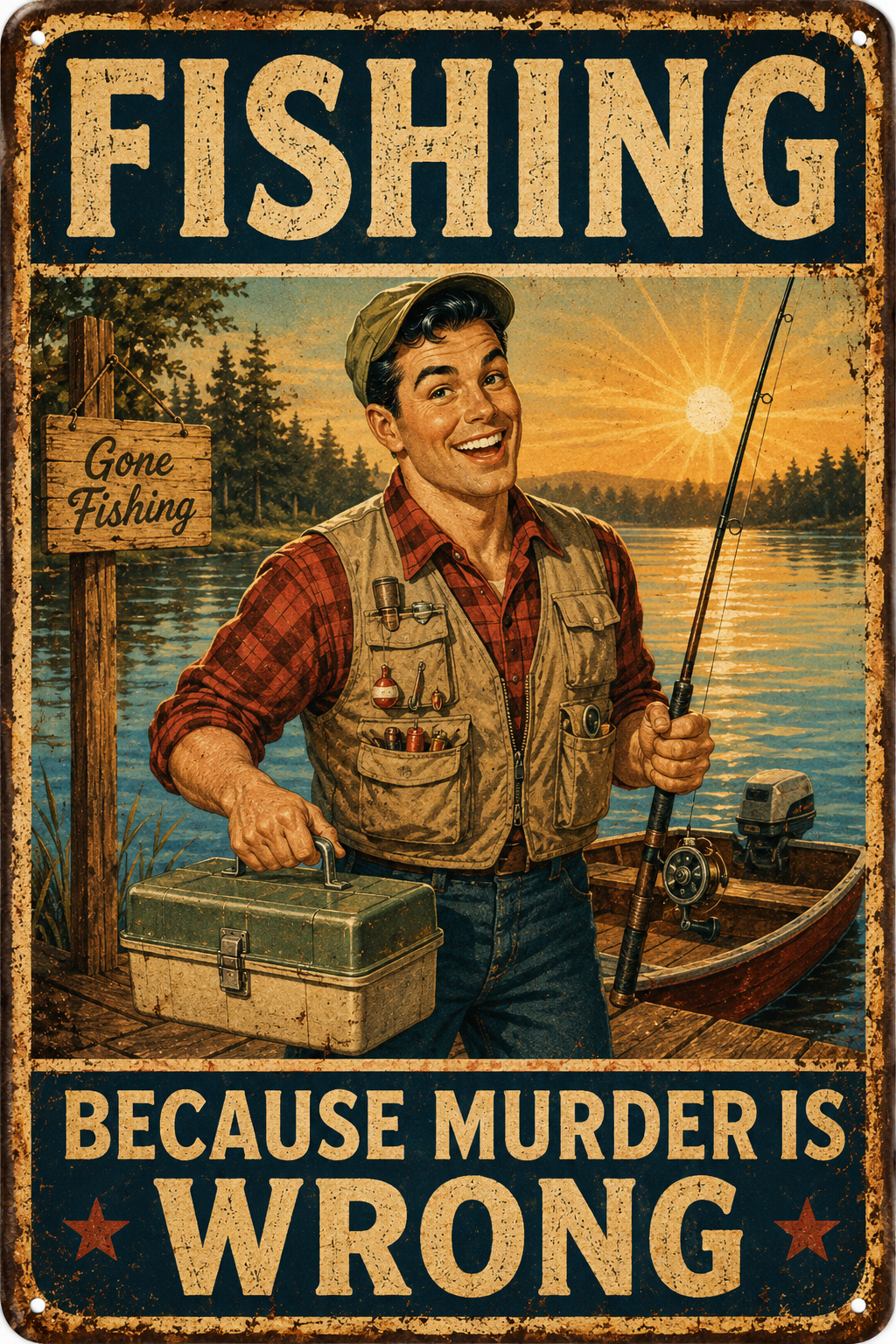 Fishing Because Murder Is Wrong — Funny Retro Fisherman Poster